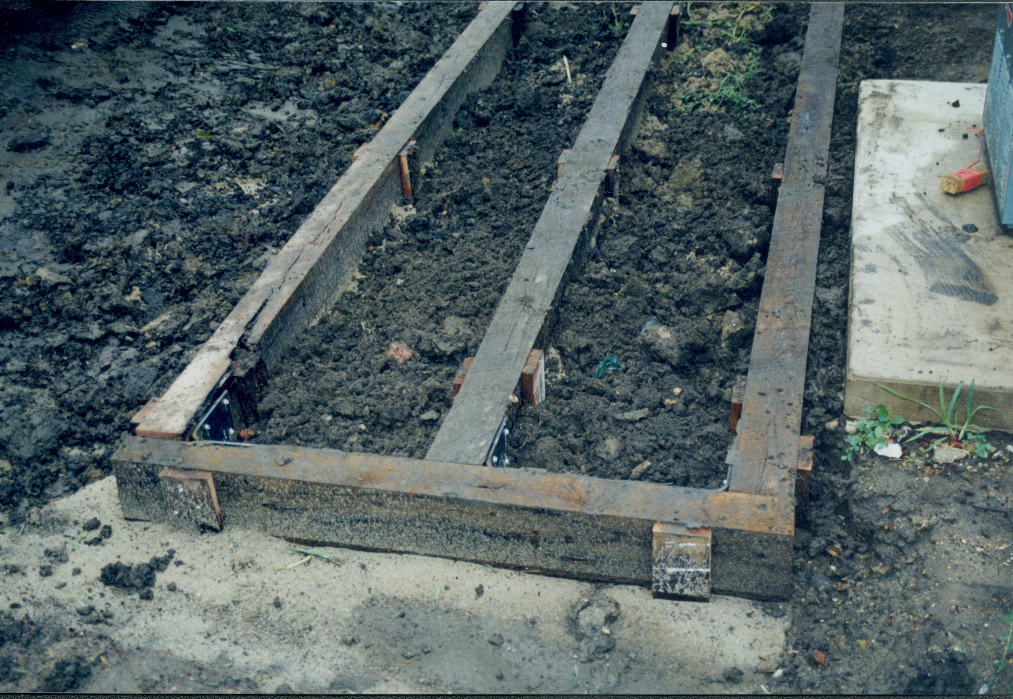 South side. Boardwalk installation on South side of structure; photo taken facing West (built by Ed Smith and Kirk Johnson) Lincoln Home NHS, Arnold Barn, Roll N9 exp #20, sheet 2 of 2 renovation, Arnold Barn, boardwalk