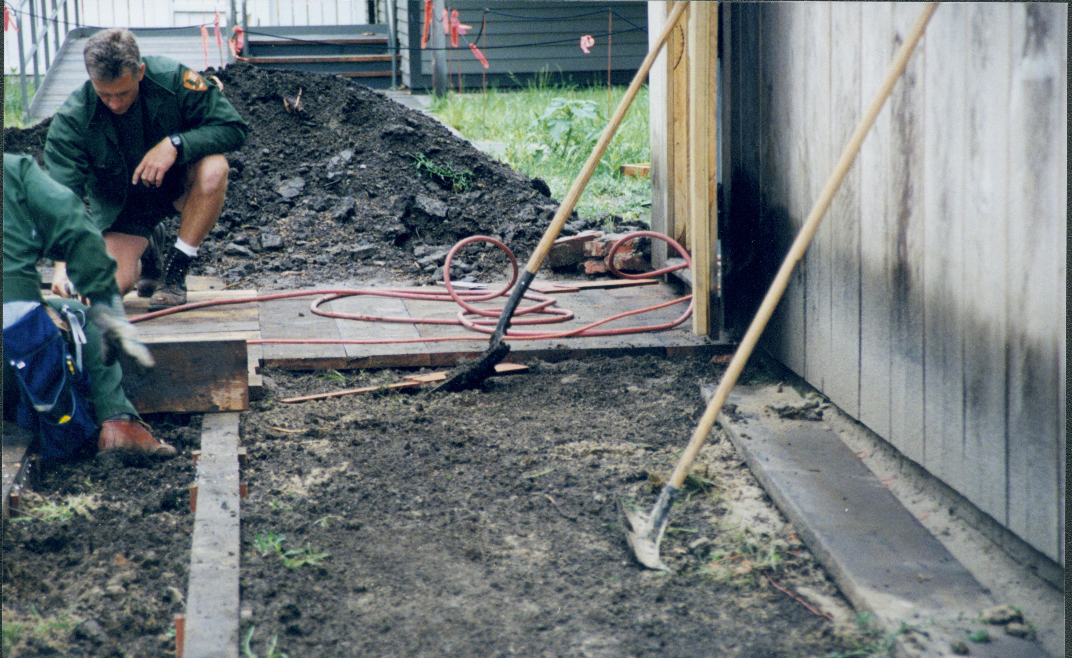 South side. Boardwalk installation on South side of structure; photo taken facing West (built by Ed Smith and Kirk Johnson) Lincoln Home NHS, Arnold Barn, Roll N9 exp #21, sheet 2 of 2 renovation, Arnold Barn, boardwalk