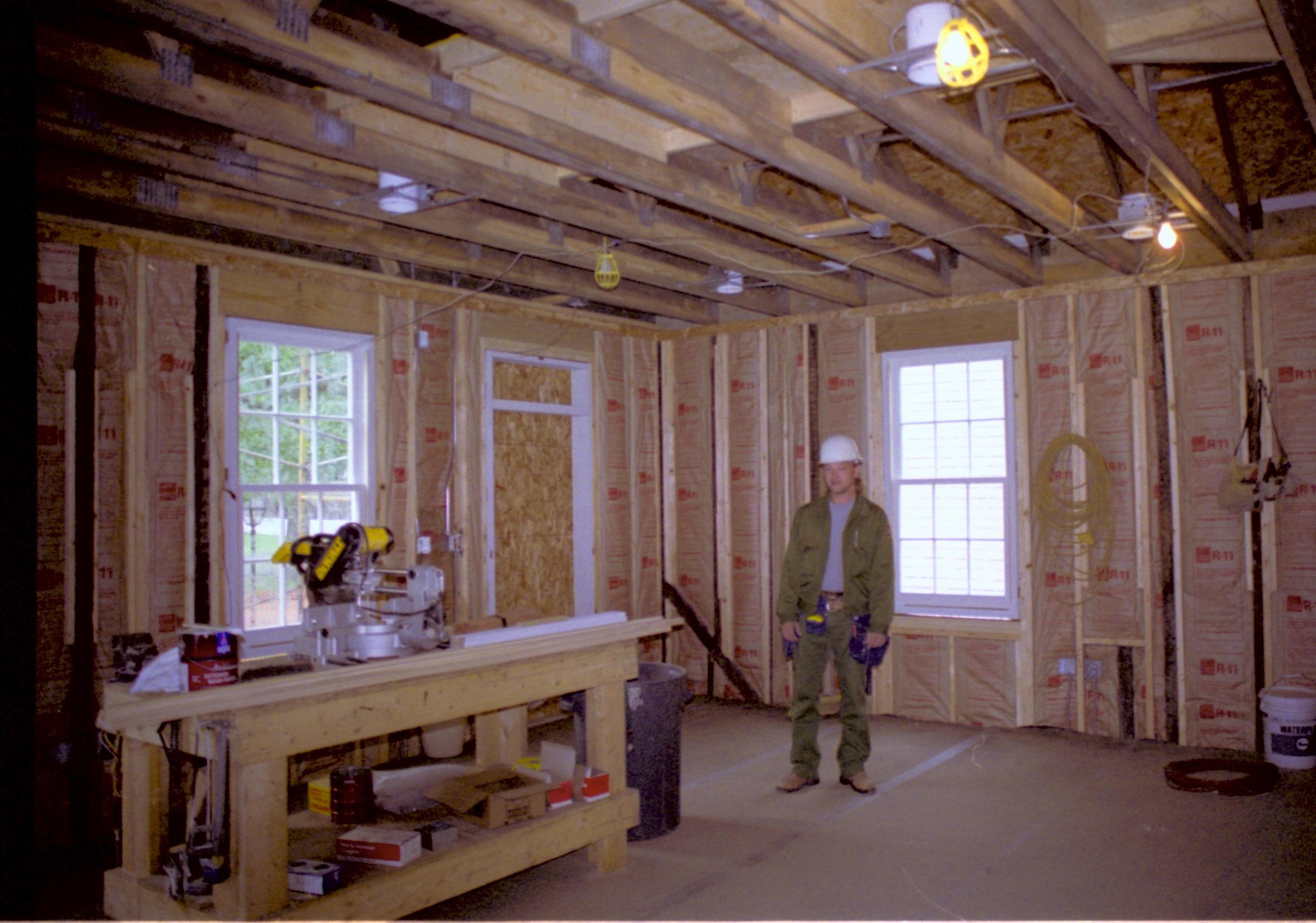 SE corner. East room, South and East walls; SE corner. East and South windows with panes; door frame installed. Lincoln Home NHS, Corneau, Arnold Barn, Sprigg, Roll N9 renovation, Sprigg