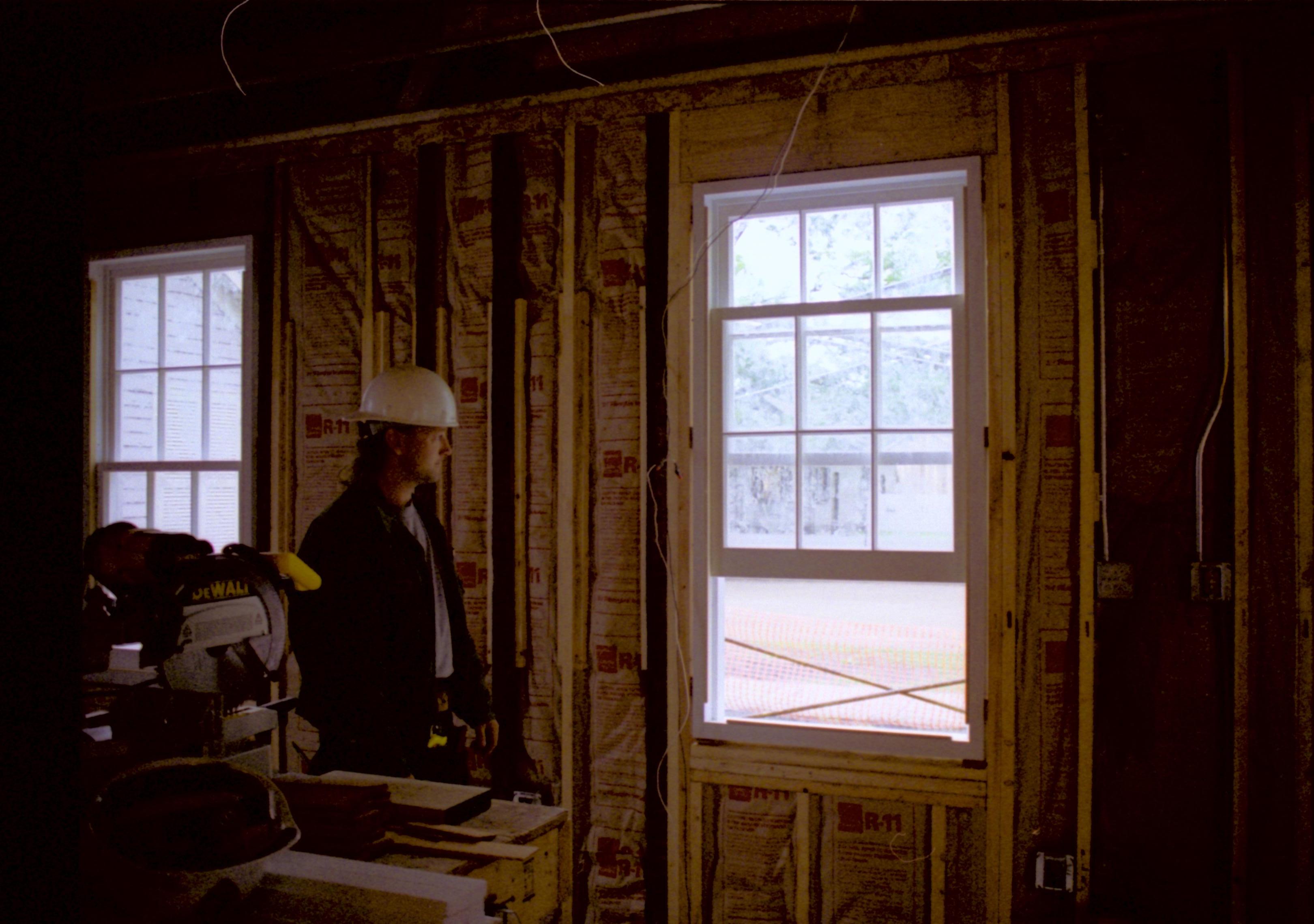 East wall. East room, (attempt to get close-up- Turner barely seen between the windwos); East windows. Close up of installed window panes Lincoln Home NHS, Corneau, Arnold Barn, Sprigg, Roll N9 renovation, Sprigg