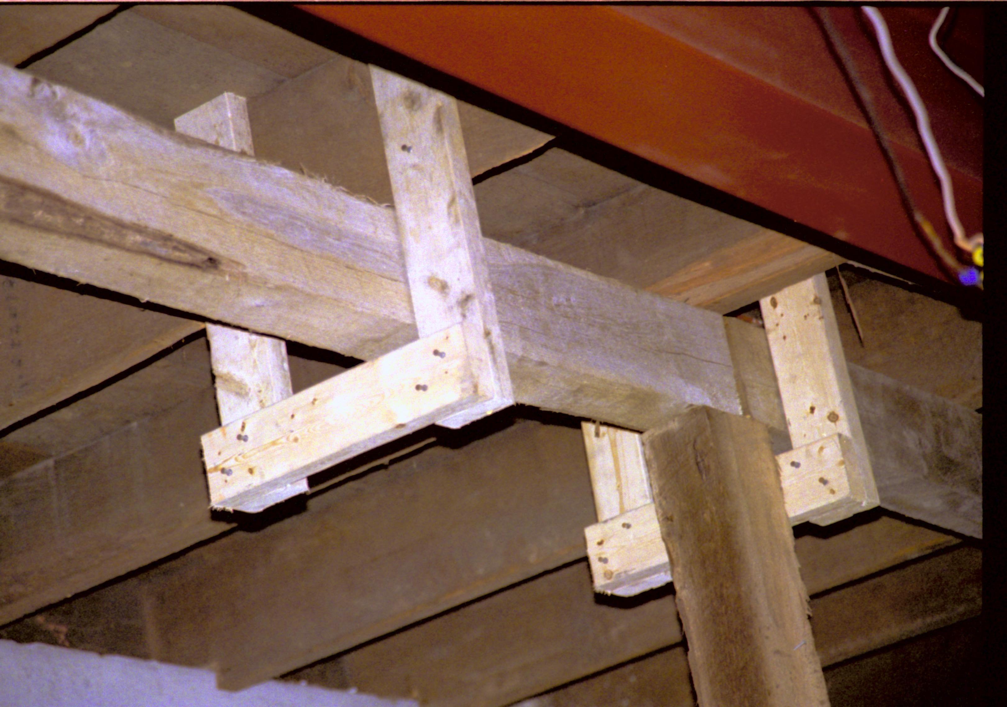 Basement- Detail of floor joists supporting the first floor; looking up from the basement Lincoln Home NHS, Roll N6 sheet 1 of 2, Arnold House and Propety, exp 4 (3) renovation, Corneau, basement