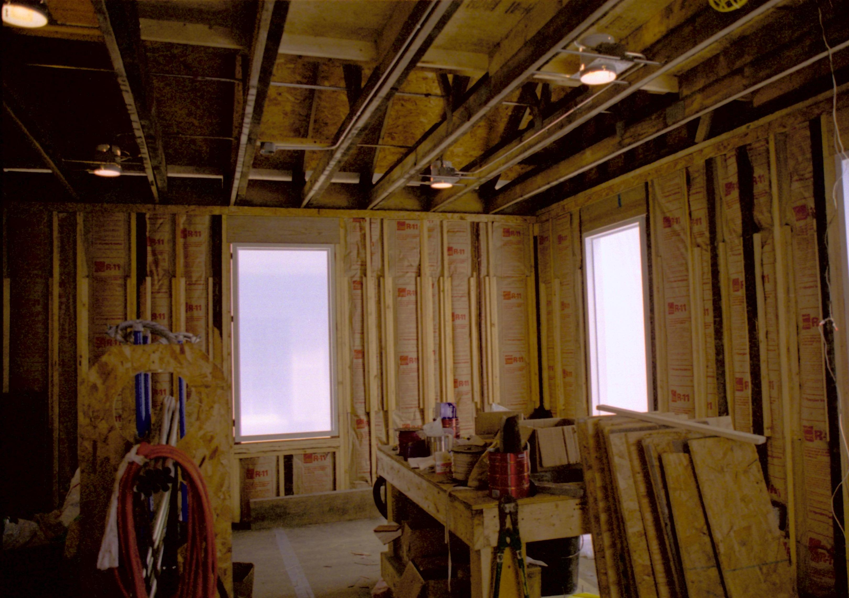 East room, NE corner. North and East windows visible, in process of being installed Lincoln Home NHS, roll N9 Corneau, Arnold Barn, Sprigg renovation, construction