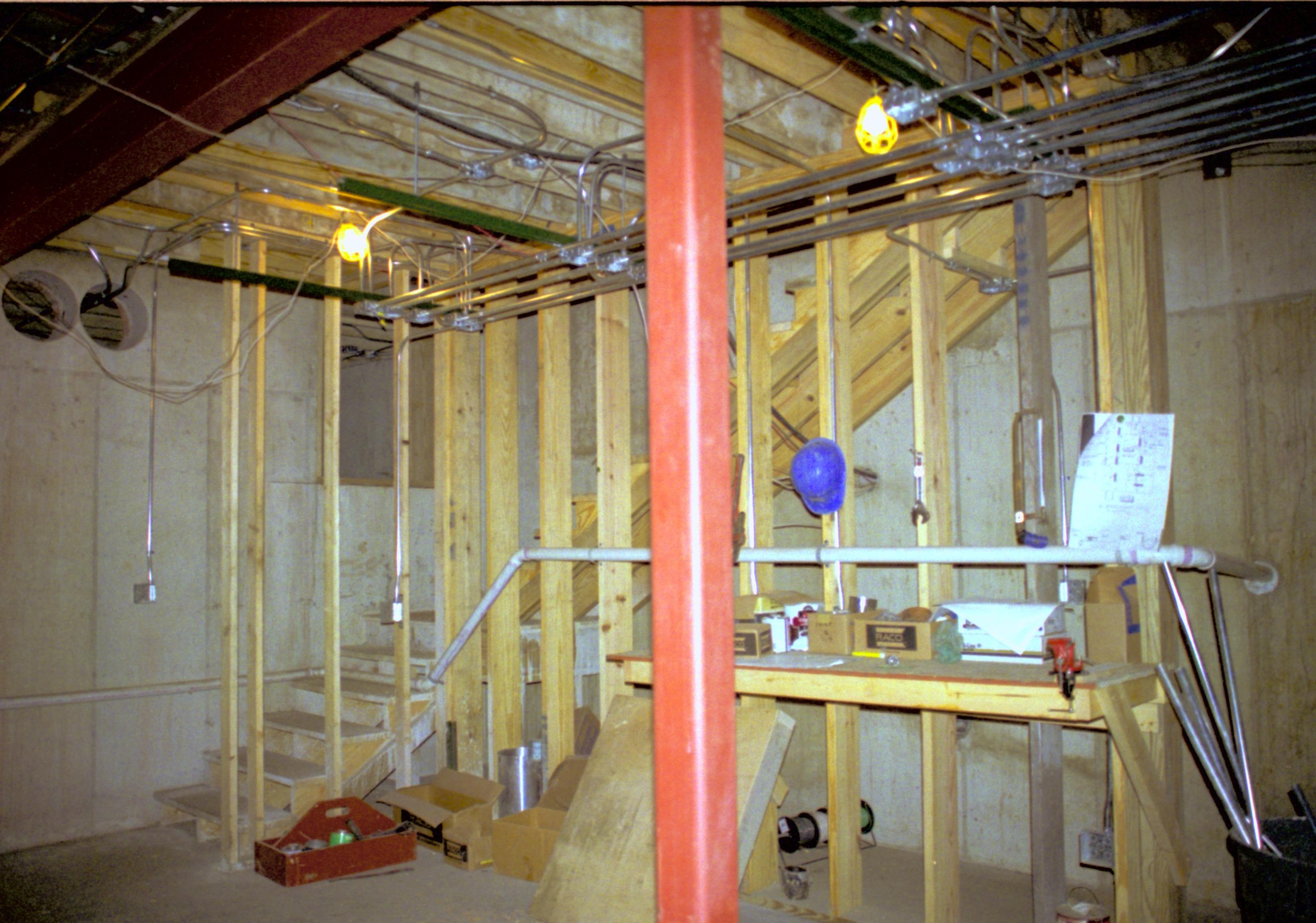 Basement- Ductwork going in. Photo taken looking Northwest, at Northwest corner; stairway Lincoln Home NHS, Roll N6 sheet 1 of 2, Arnold House and Propety, exp 12 renovation, Sprigg, basement