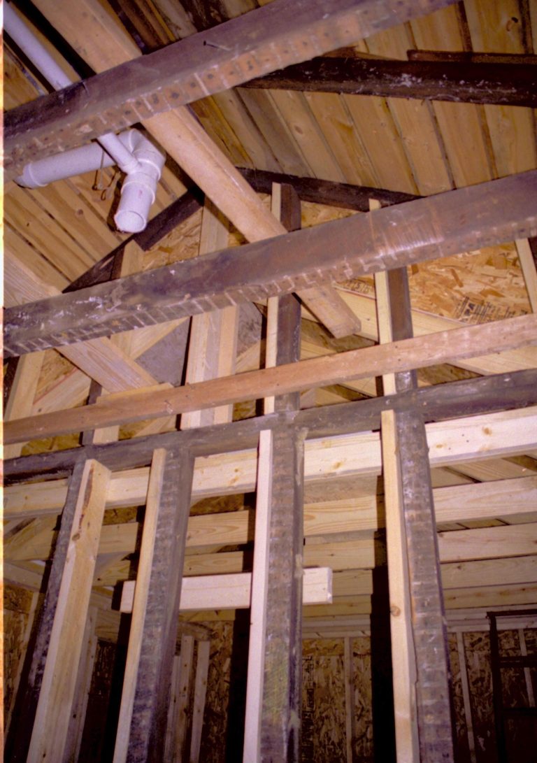Room 105 and 104, Photo taken looking West, from room 104 into room 105 (addition). Detail of roof (joists, frames, rafters, etc.) Lincoln Home NHS, roll N9 Corneau, Arnold Barn, Sprigg renovation