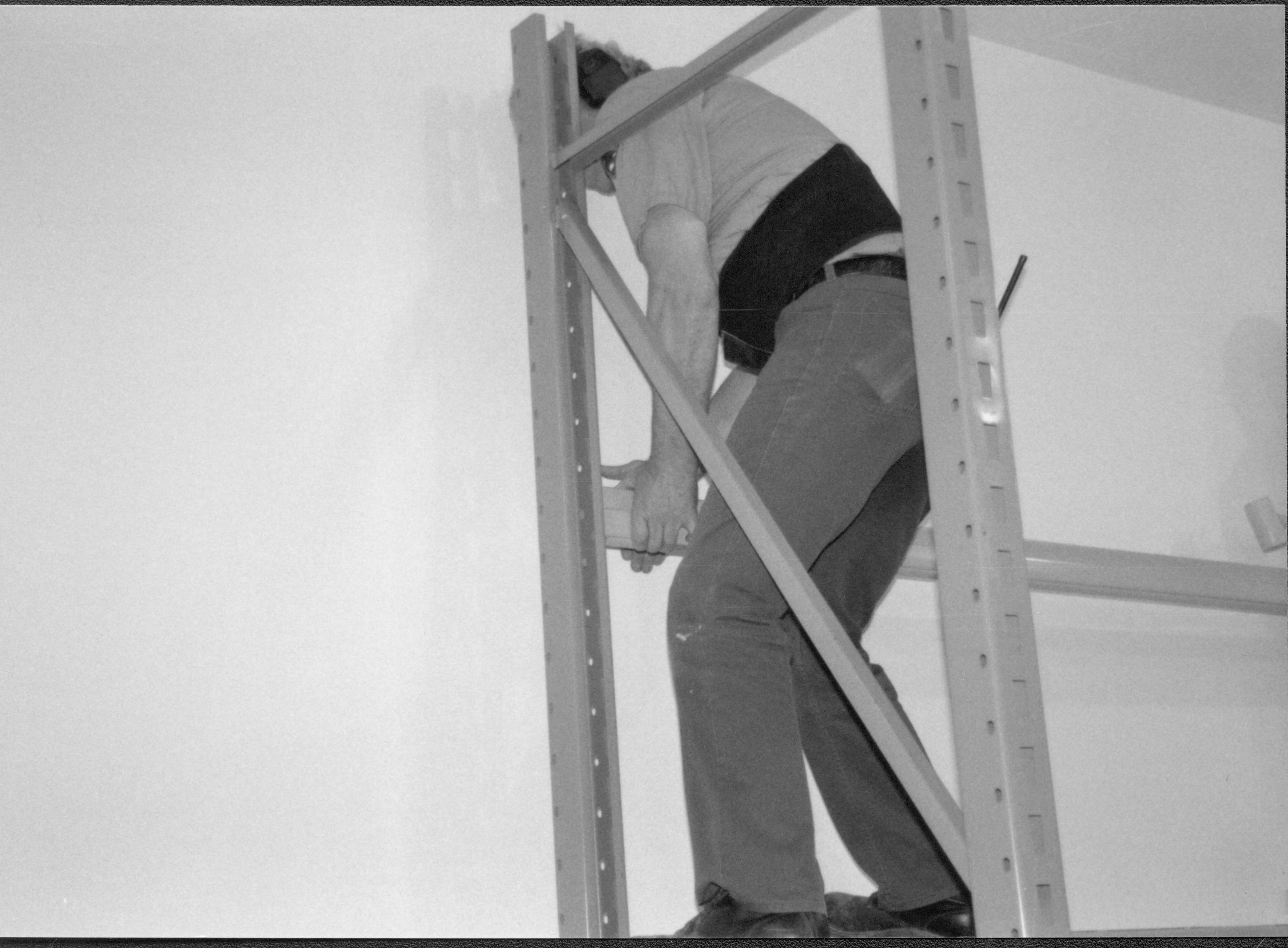 storage shelves built and installed along the North wall in the Arnold Barn facility Lincoln Home NHS, CRS Collection Move, North wall, Arnold Barn, Roll N11, exp 4, sheet 1 of 5 Arnold Barn, move, storage