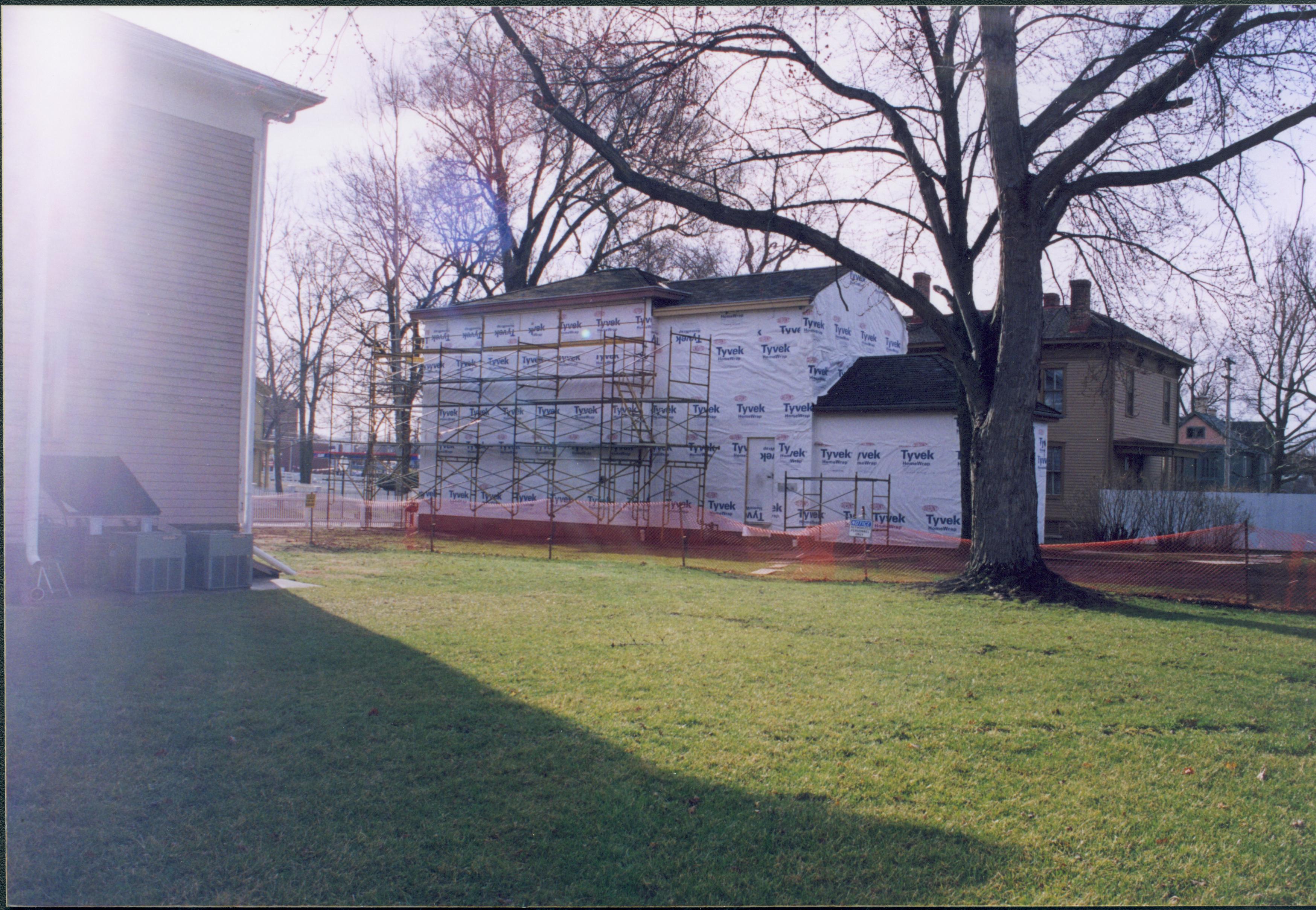 Dubois House restoration - North elevation with scaffolding. Shutt House in background right. Miller House in foreground left. Looking Southeast from Miller backyard Dubois, scaffolding, restoration, Miller, Shutt