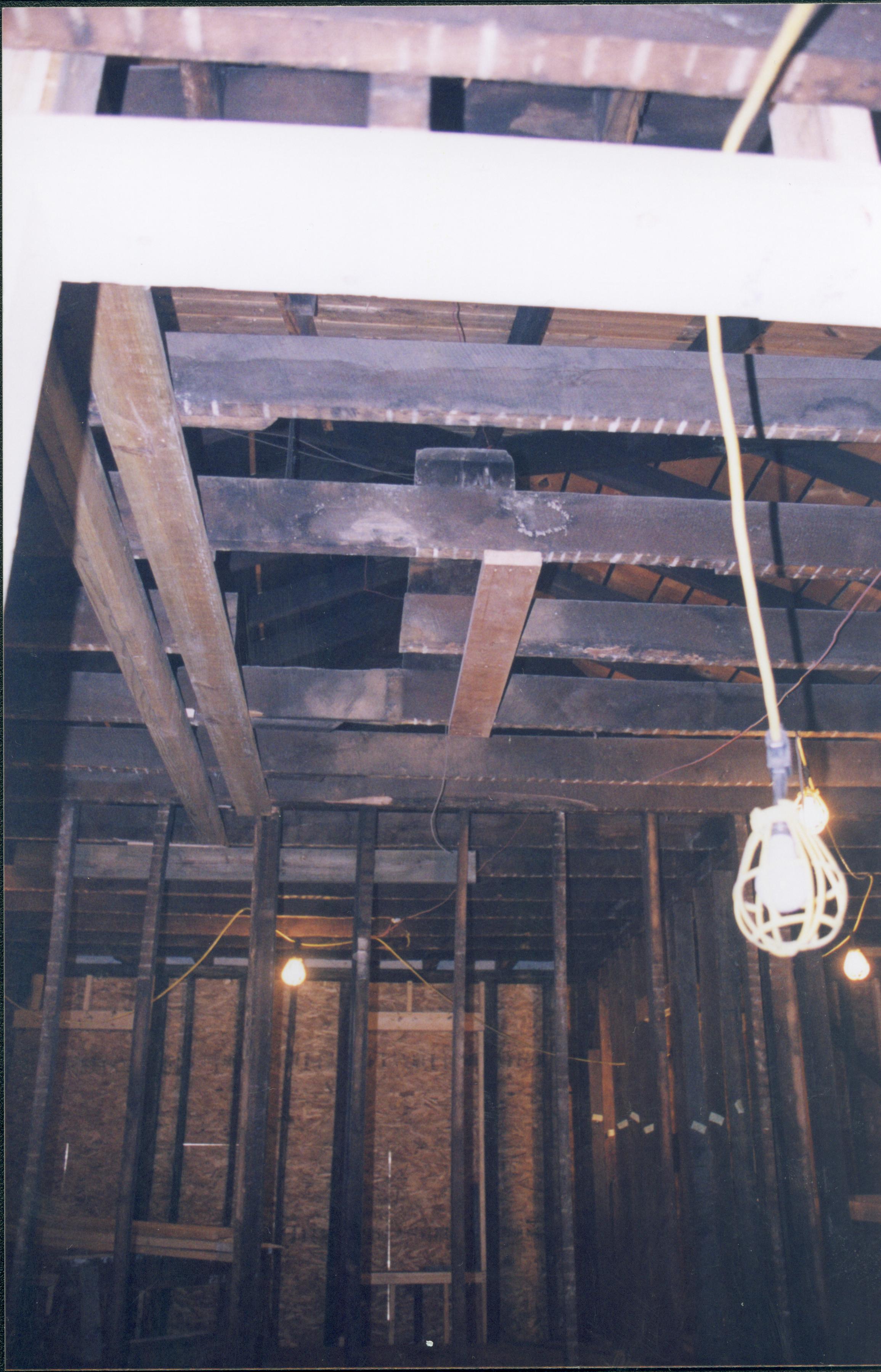 Dubois House restoration - ceiling joists into attic (Room 201). Original studs and framing seen throughout  Looking East from Room 201 Dubois, joists, original, construction, framing, ceiling