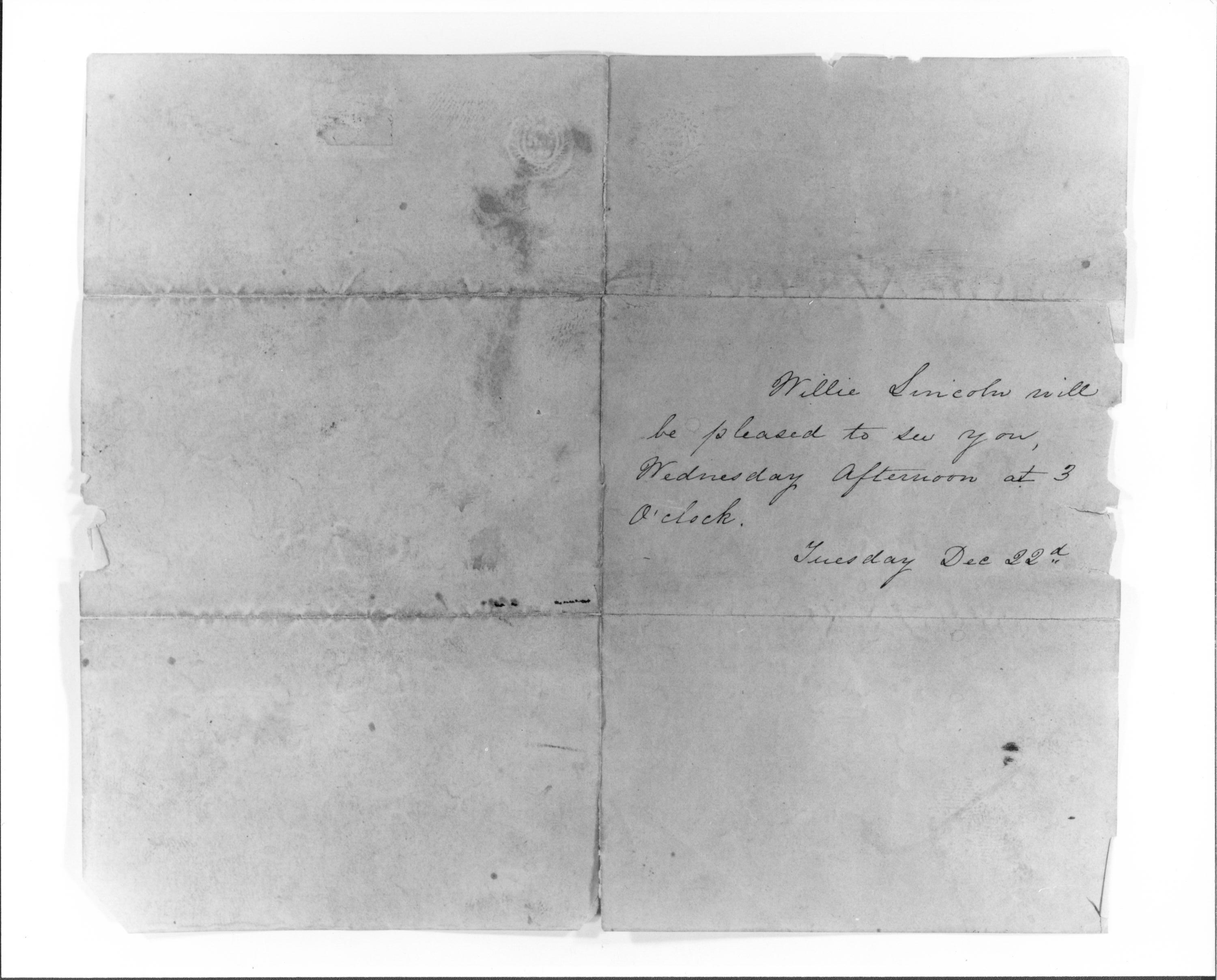 Willie Lincoln invitation to Isaac Diller(envelope) for Dean House exhibit. Lincoln Home NHS- Dean House exhibit, Original in collection of William Hughes Diller Dean House, exhibit, envelope