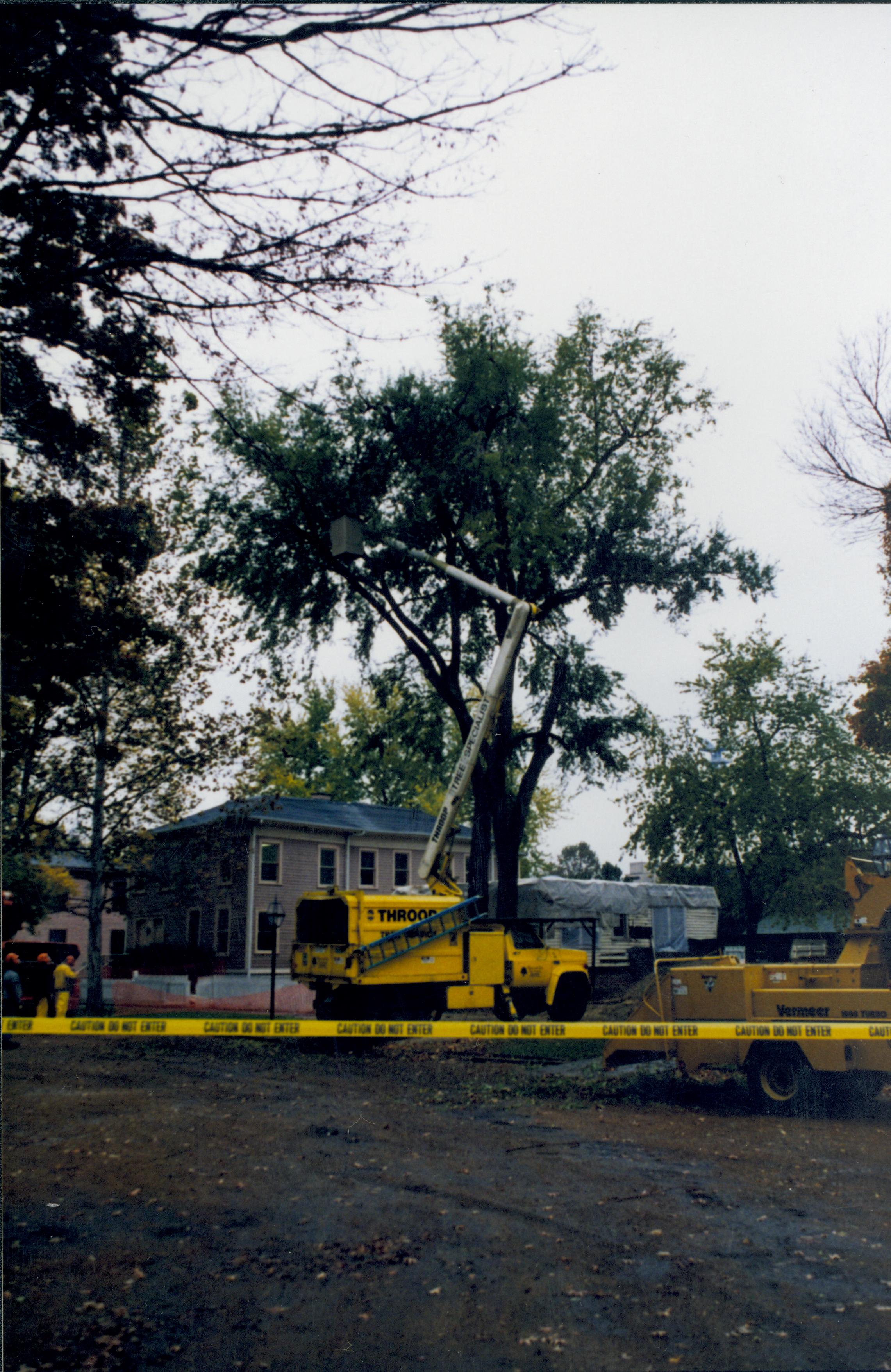 Cutting down trees at Southwest corner of 8th/Jackson intersection; in prep for moving Corneau House to front of lot. Photo taken from Northeast part of intersection. Northeast corner of Miller in background Lincoln Home NHS- Corneau House and Lot, Roll N5 exp 2 Corneau, move