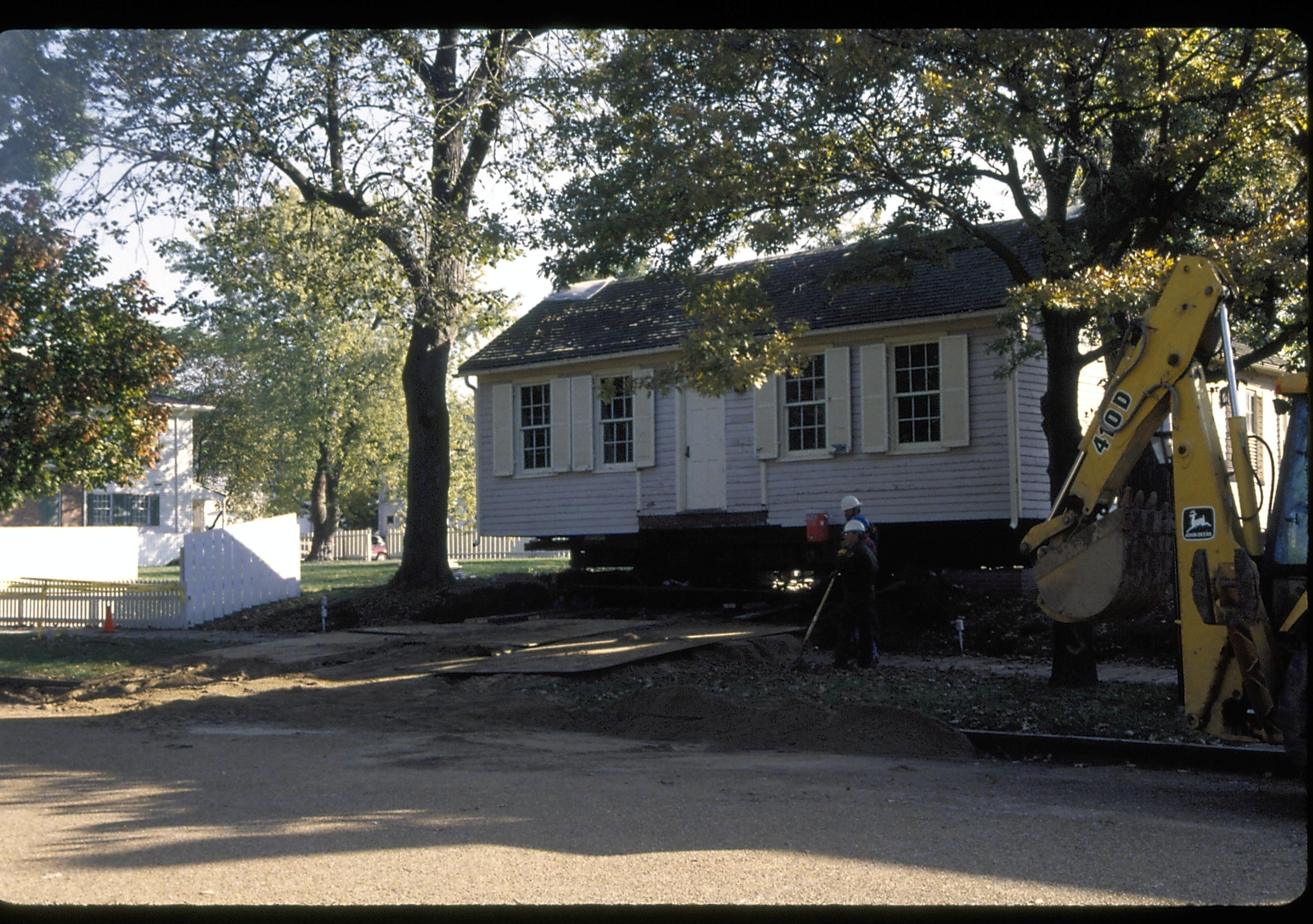 House on skids- prep to move Lincoln Home NHS- Corneau House move, Roll #1 color slides, exp 9 Corneau House, move