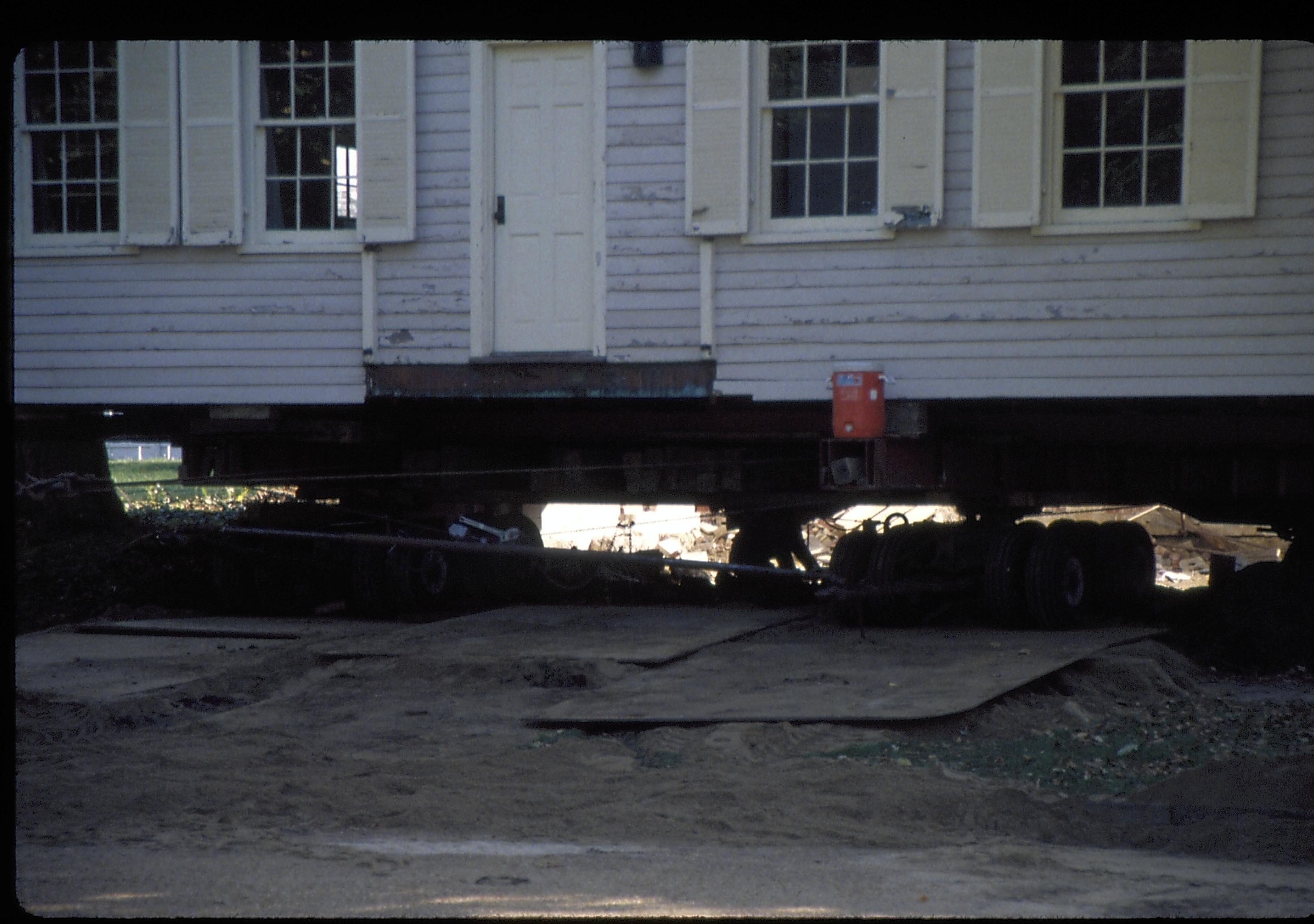 House on skids- prep to move Lincoln Home NHS- Corneau House move, Roll #1 color slides, exp 12 Corneau House, move