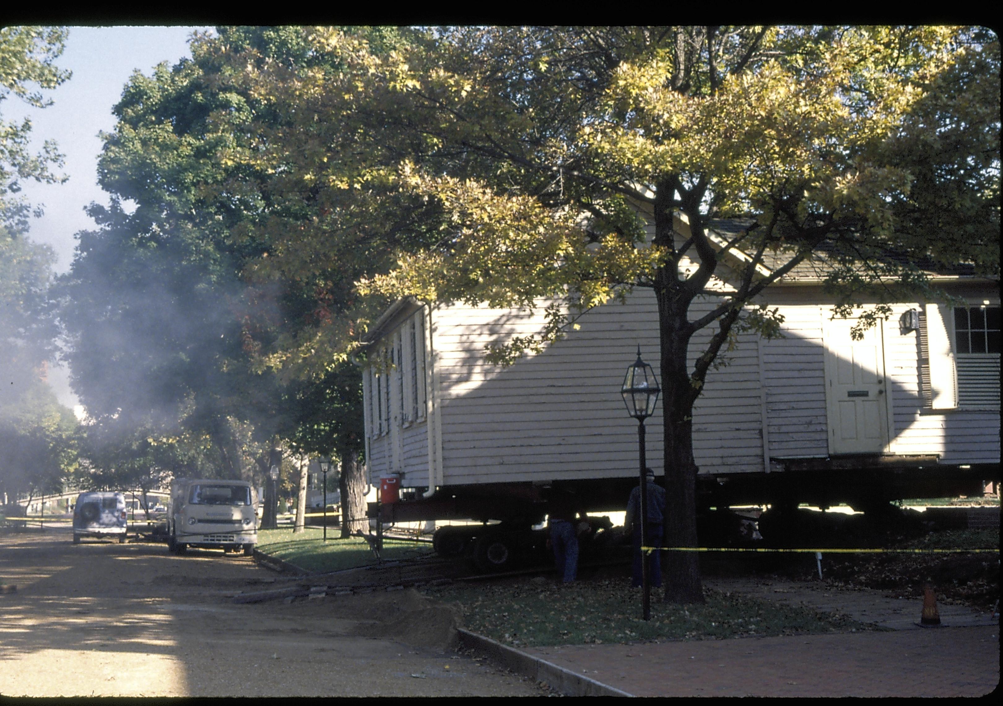 House starting to move Lincoln Home NHS- Corneau House move, Roll #1 color slides, exp 17 Corneau House, move