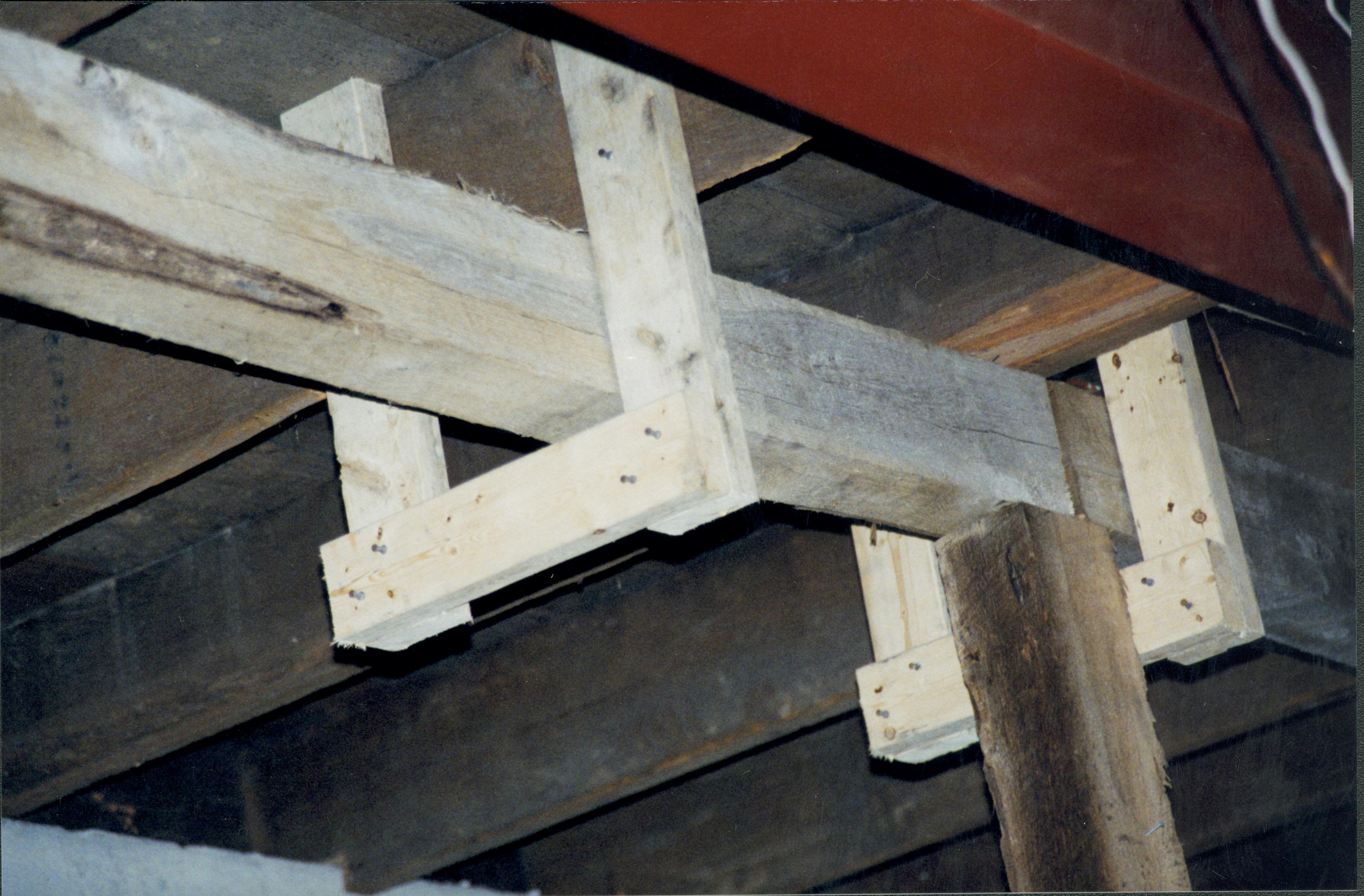 basement; Detail of floor josts supporting the first floor; looking up from the basement Lincoln Home NHS- Corneau House Restoration, roll N6 exp 4 Corneau House, restoration