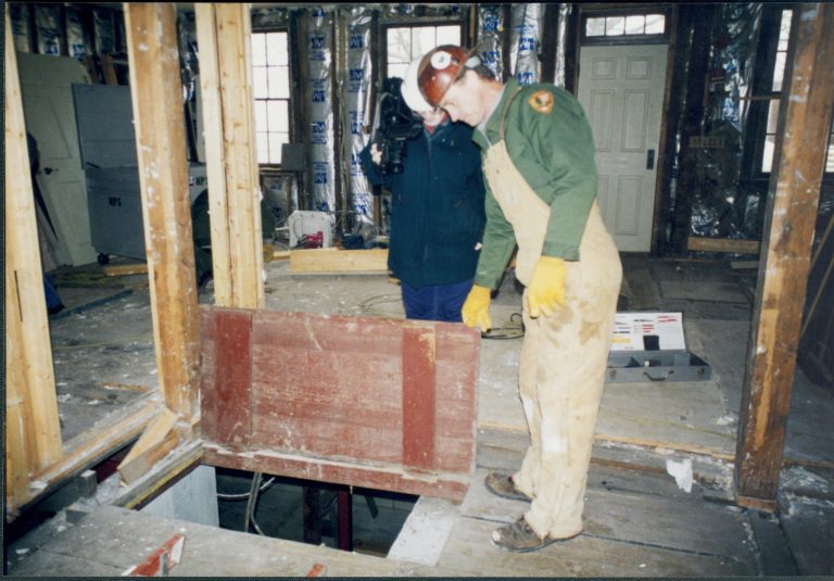 Opened trap-door looking into basement, facing East Lincoln Home NHS- Corneau House Restoration, roll N4 exp 12 Corneau House, restoration, trap door