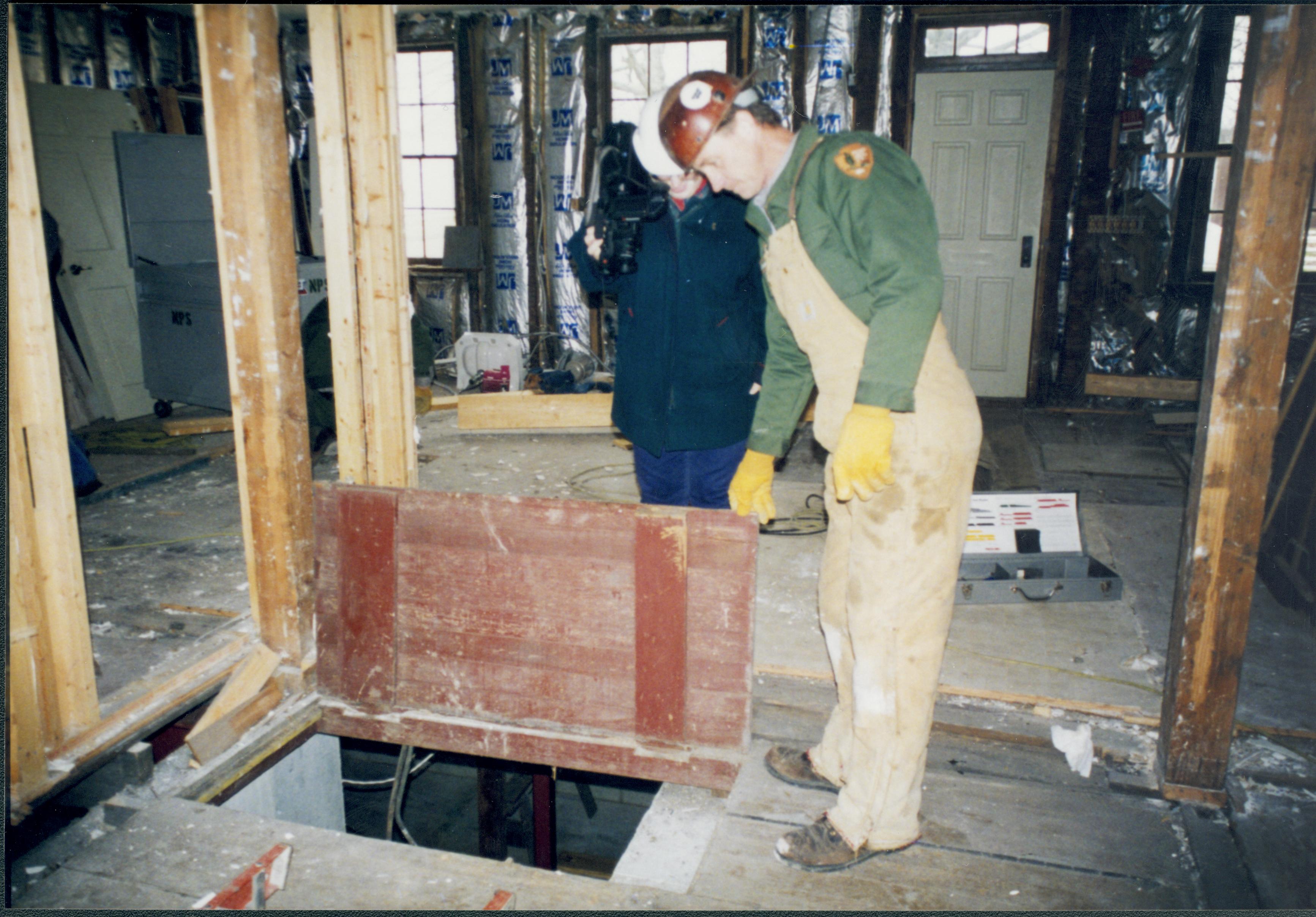 Opened trap-door looking into basement, facing East Lincoln Home NHS- Corneau House Restoration, roll N4 exp 12 Corneau House, restoration, trap door