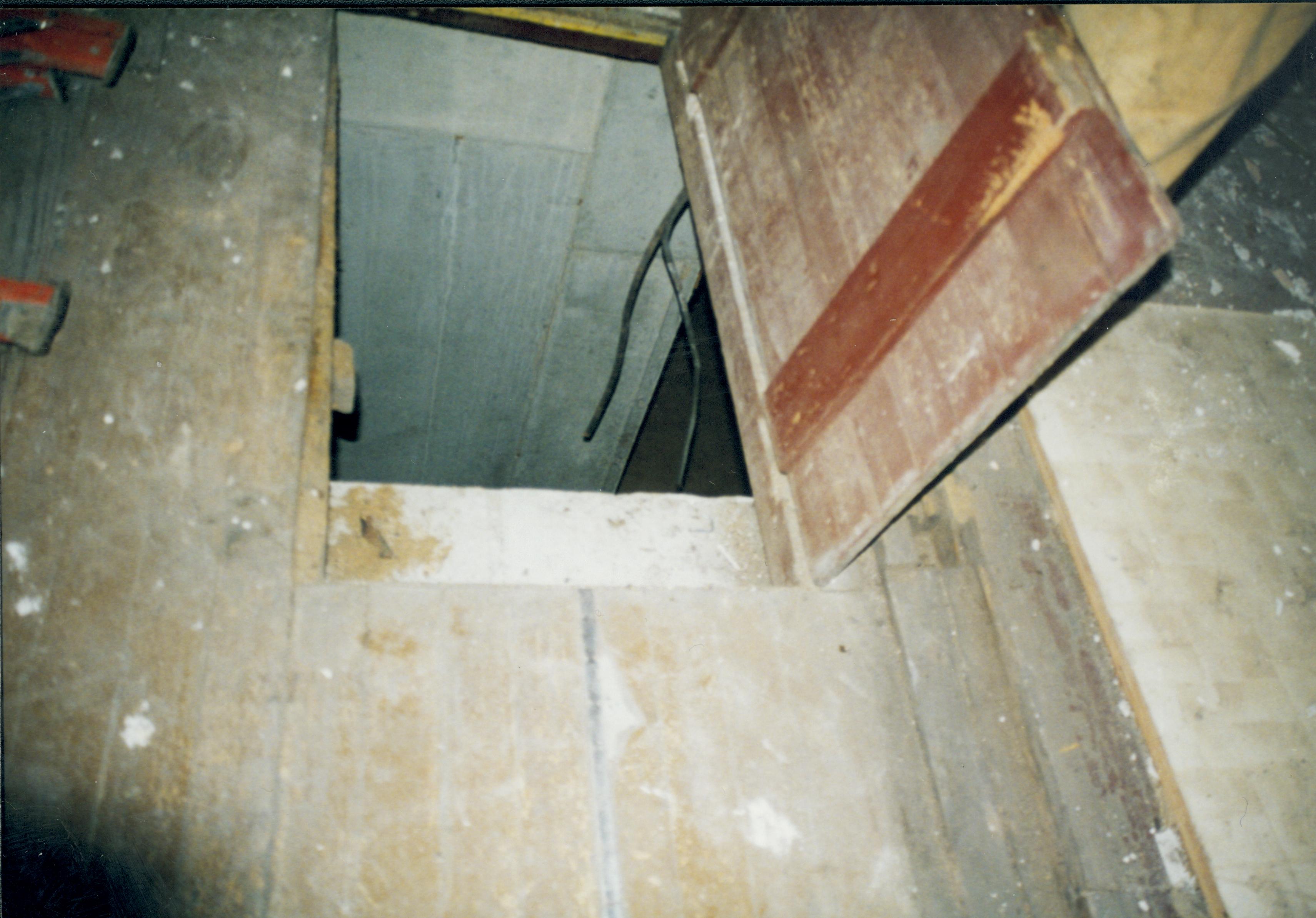 Trap-door opened, looking into basement. Photo taken looking North Lincoln Home NHS- Corneau House Restoration, roll N4 exp 19 Corneau House, restoration, trap door