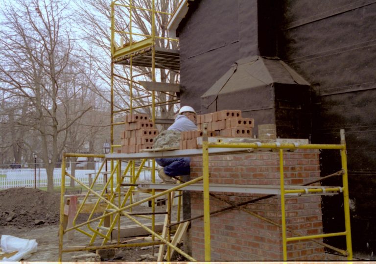West wall and chimney under construction. Northwest corner of building in center of photo Lincoln Home NHS- Corneau House Restoration, roll N4 exp 25 Sprigg House, restoration