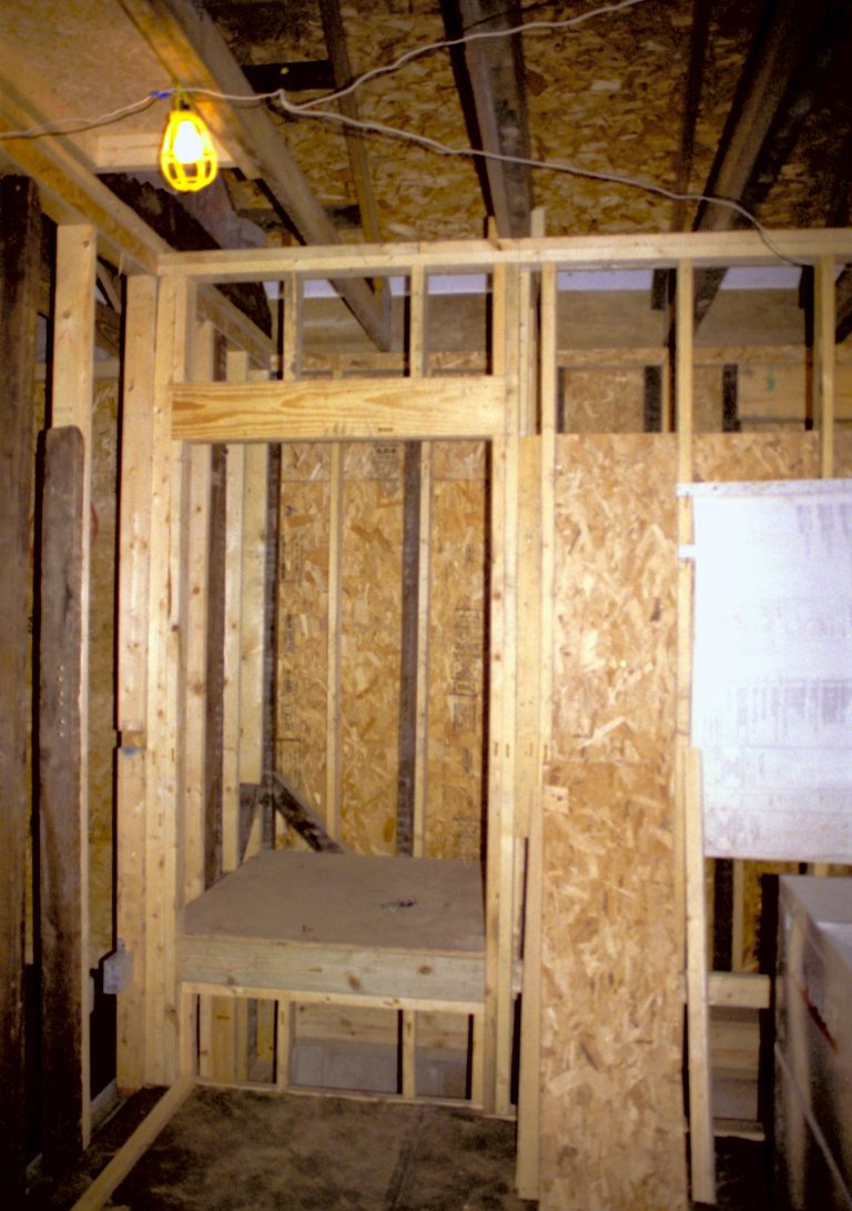 Standing in entry, looking at North at restroom (108.2), North wall in background Lincoln Home NHS- Corneau House Restoration, roll N4 exp 29 Sprigg House, restoration