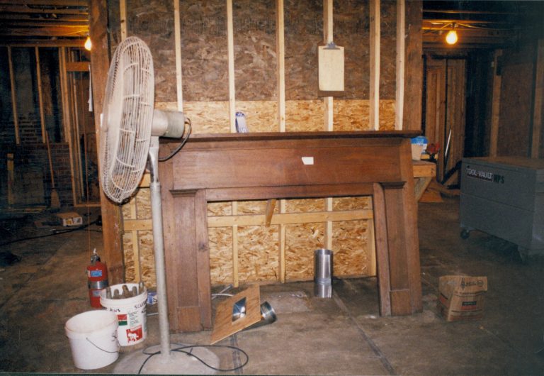 fireplace mantel waiting for re-installation Lincoln Home NHS- Corneau House Restoration, roll 1999-12 exp 29 Corneau House, renovation