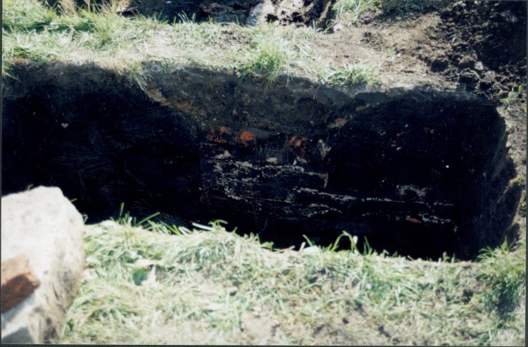 Uncovered foundation while searching for 1880s barn. apperas to be associated with later structure. Photo taken looking East along North side of property line Lincoln Home NHS- Corneau House Restoration, roll N6 exp 18 Corneau House, restoration