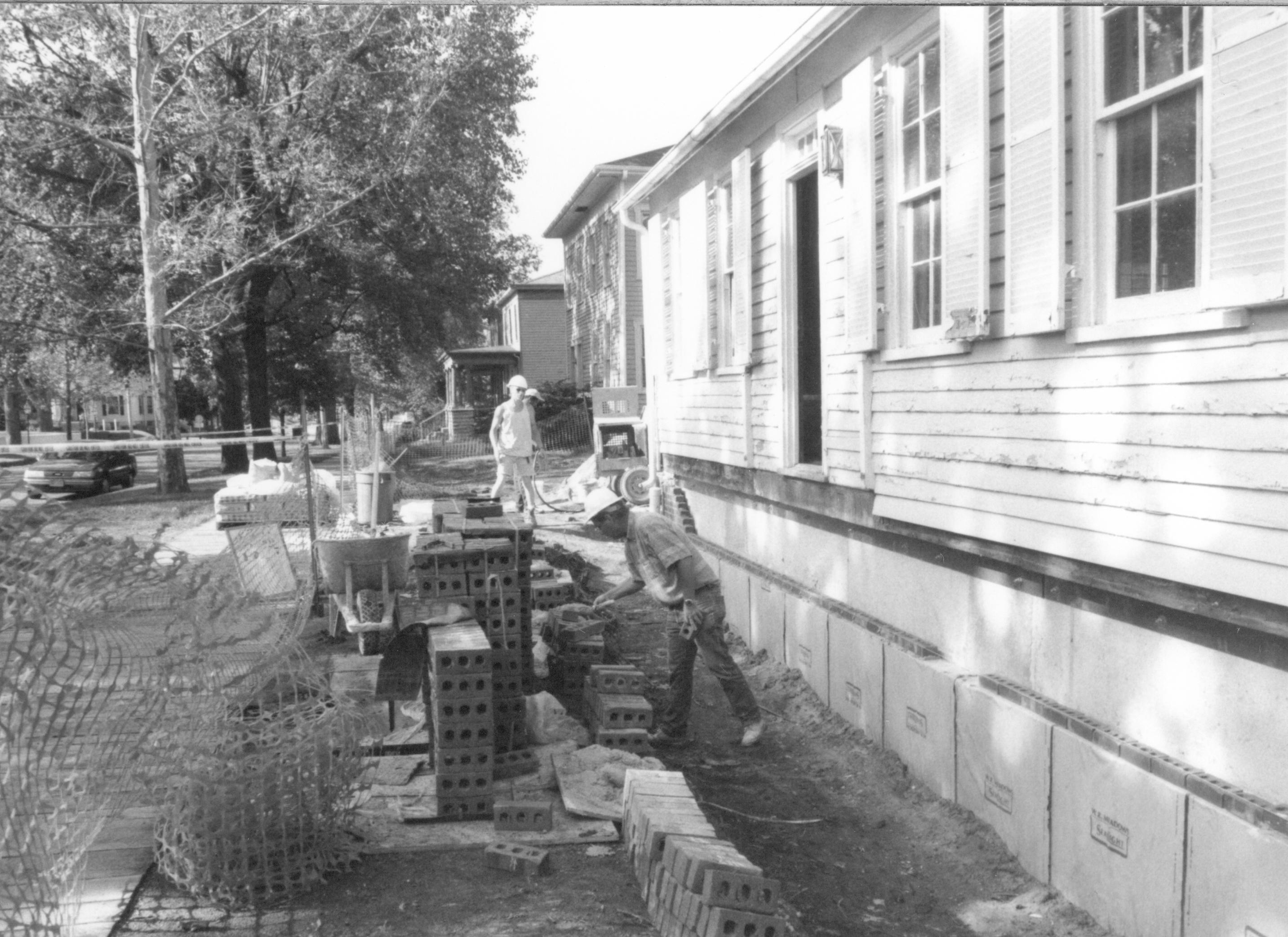 Details of bricks being laid. Corner detail Lincoln Home NHS- Corneau House Restoration, roll N12 exp 22 Corneau House, excavation