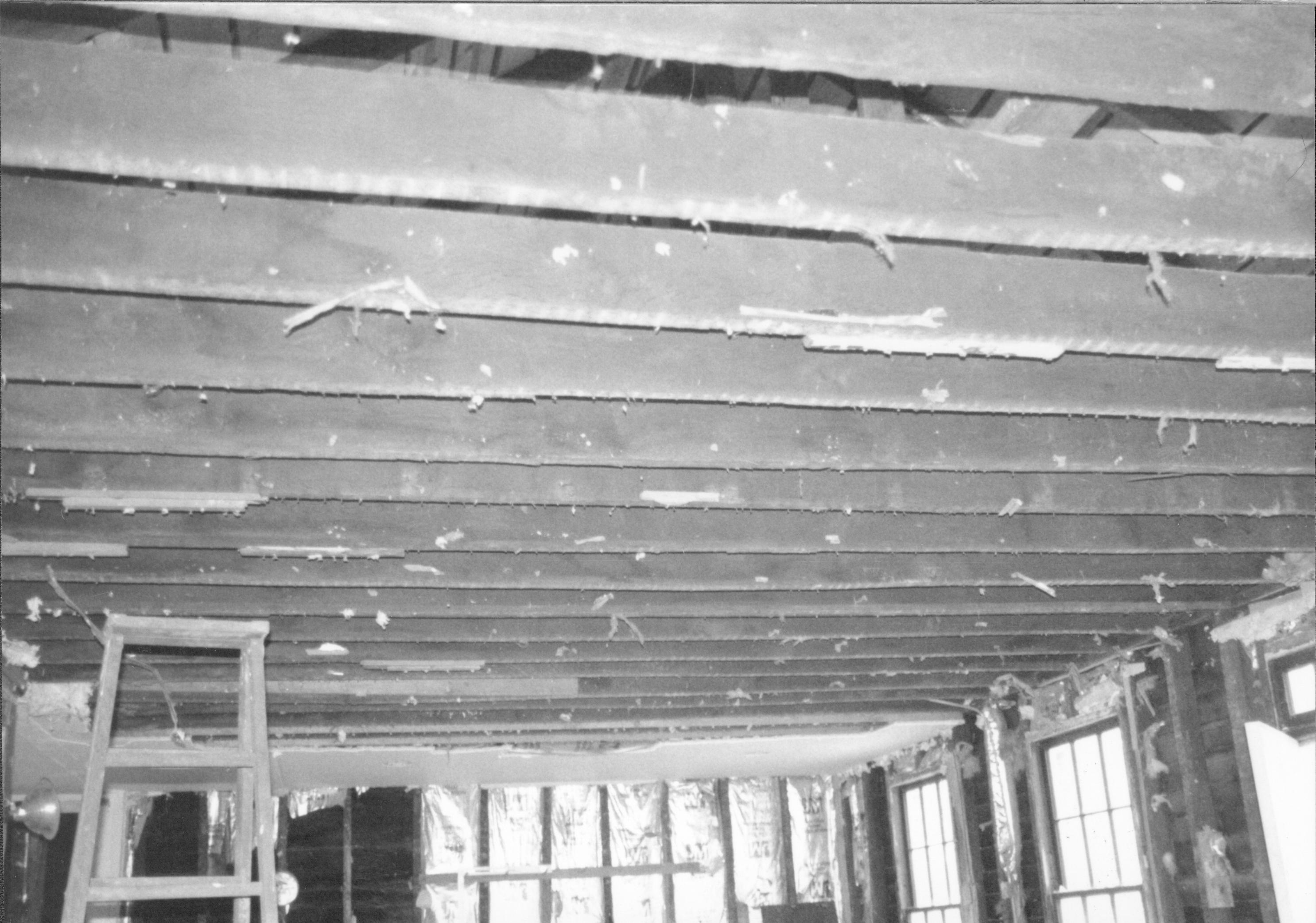 Ceiling joists on 1st floor. Photo taken from South end of main room (East), looking towards Northeast corner Lincoln Home NHS- Corneau House Restoration, roll N11 exp 19 Corneau House, renovation