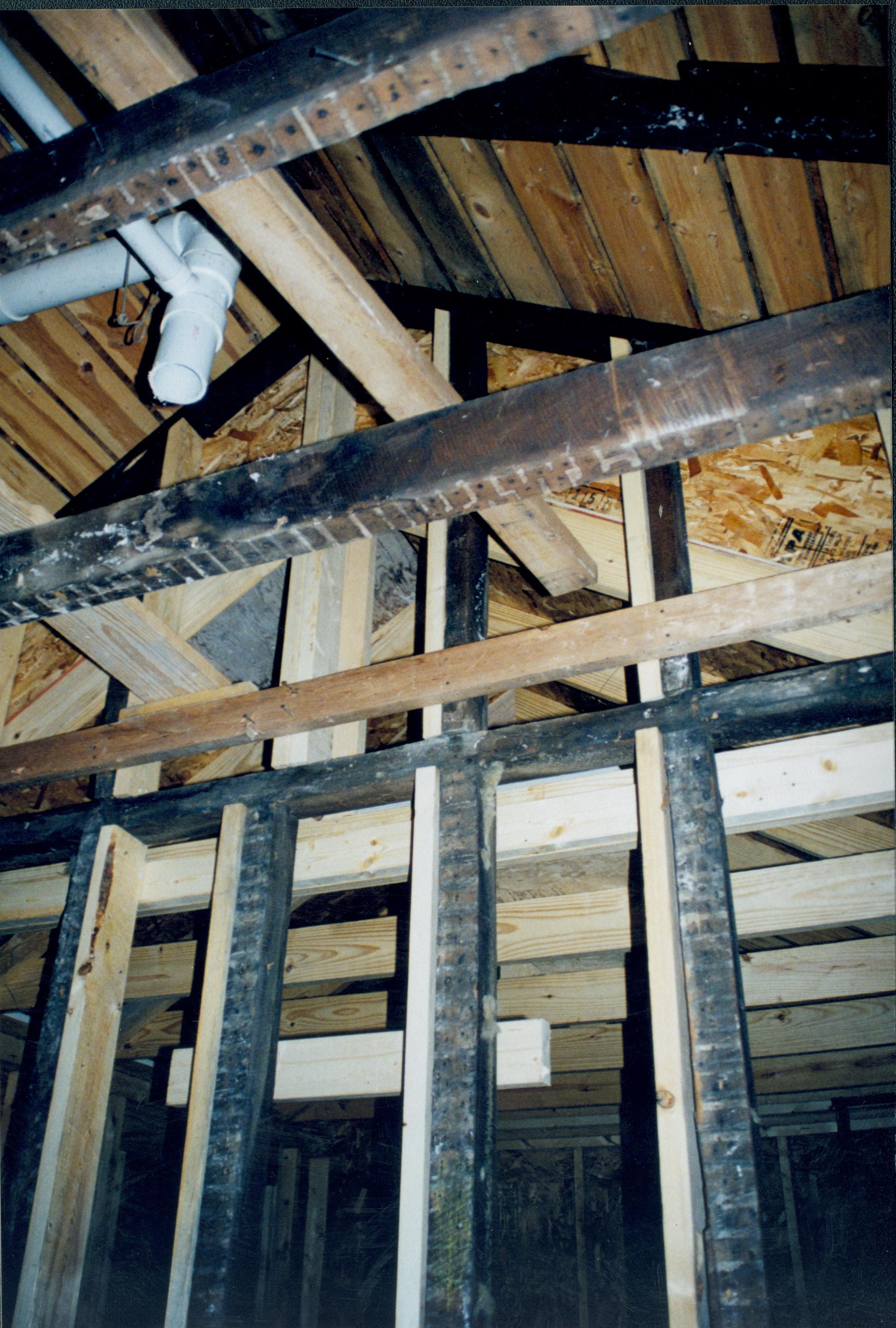 Photo taken looking West, from room 104 into room 105 (addition) Detail of roof (joists, frames, rafters, etc.) Lincoln Home NHS- Corneau House Restoration, roll N9 exp 9 Corneau House, restoration