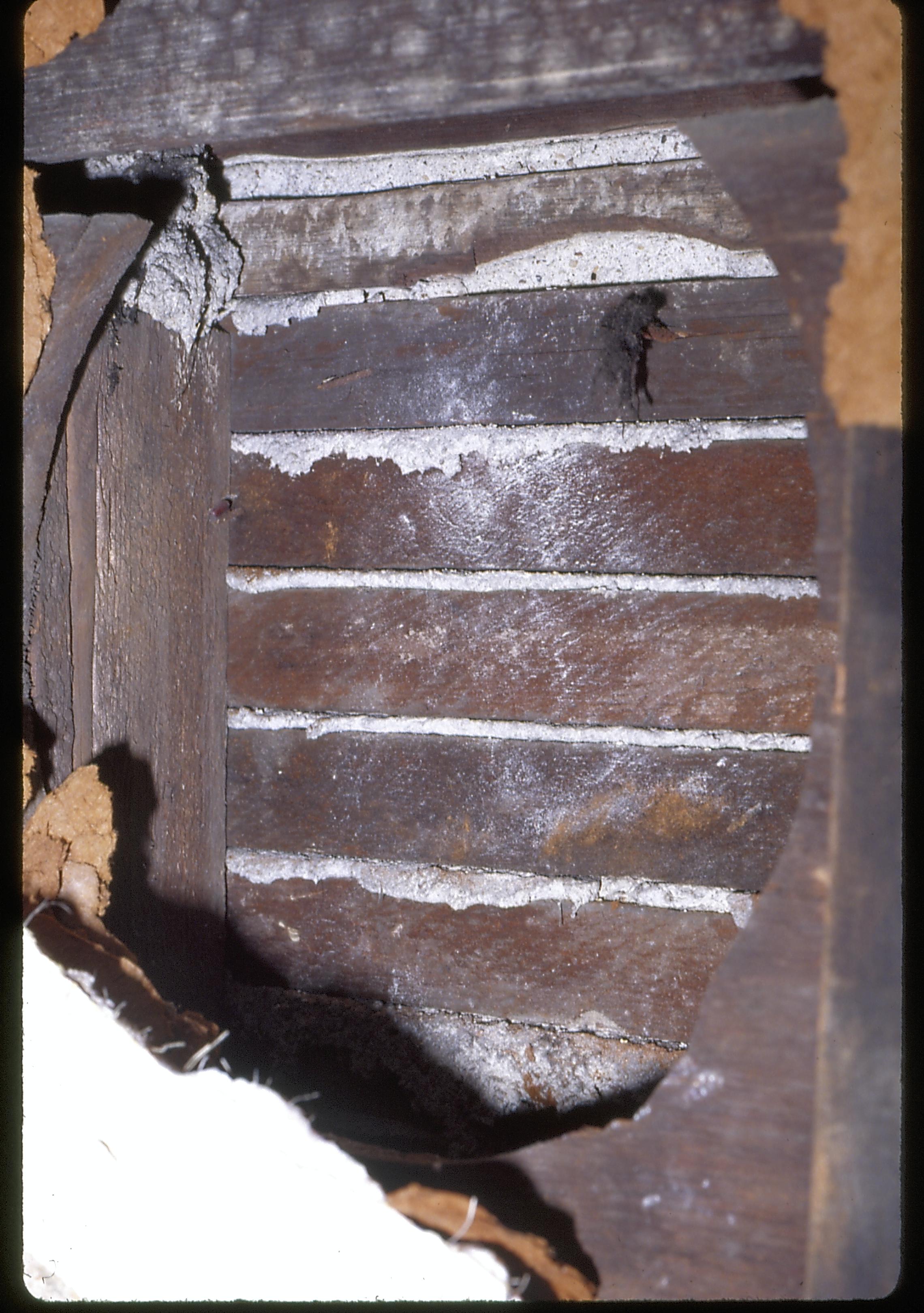 Possible vent hole covered by newer bath and plaster LIHO NHS- Arnold House, 17 Arnold House, wallpaper