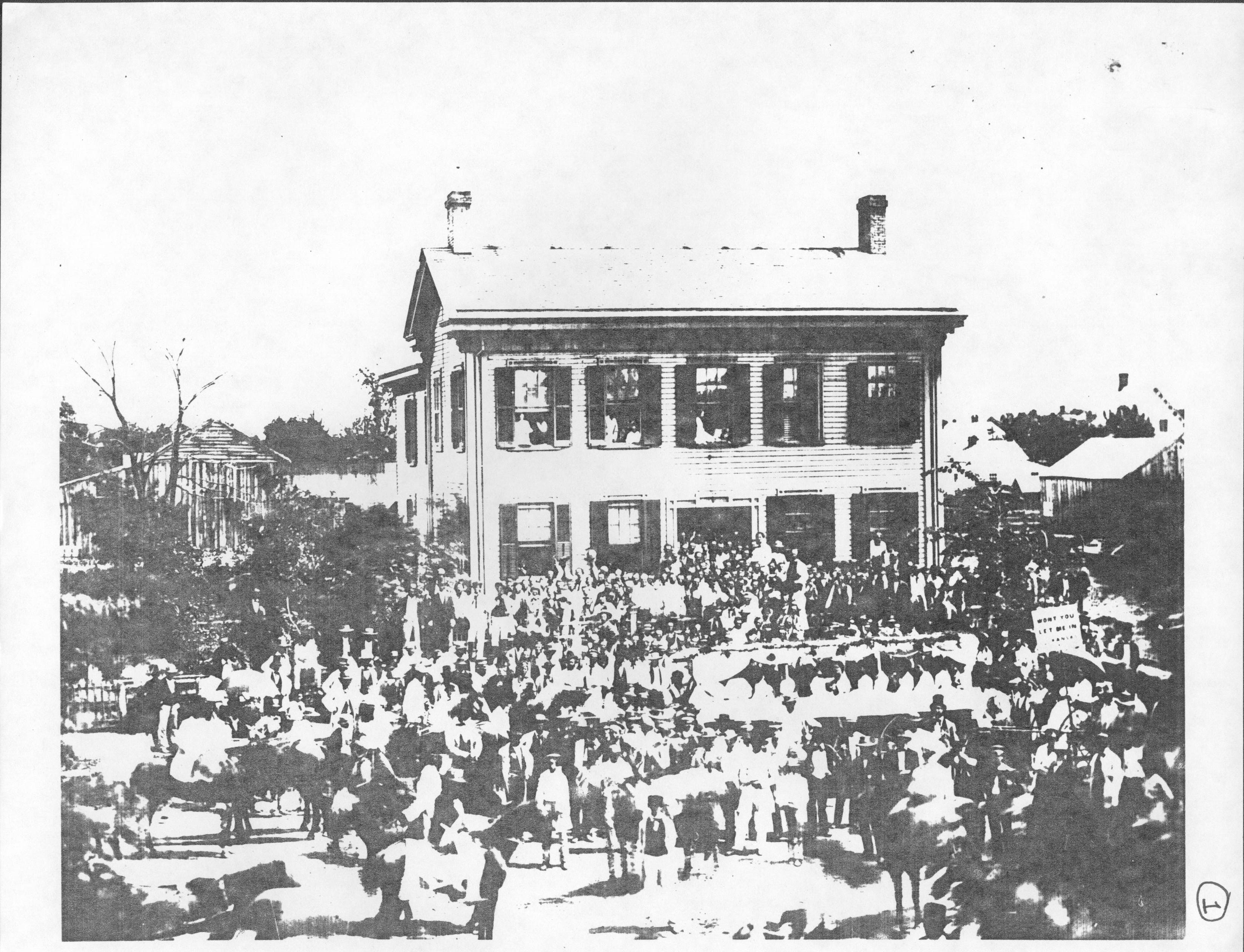 Political rally in 1860; includes Lincoln. Shows north have of Arnold Barn (only photos of pre-1900 Arnold House exist in background of Lincoln Home photos) LIHO NHS- Arnold House, #1 Arnold House, Lincoln Home