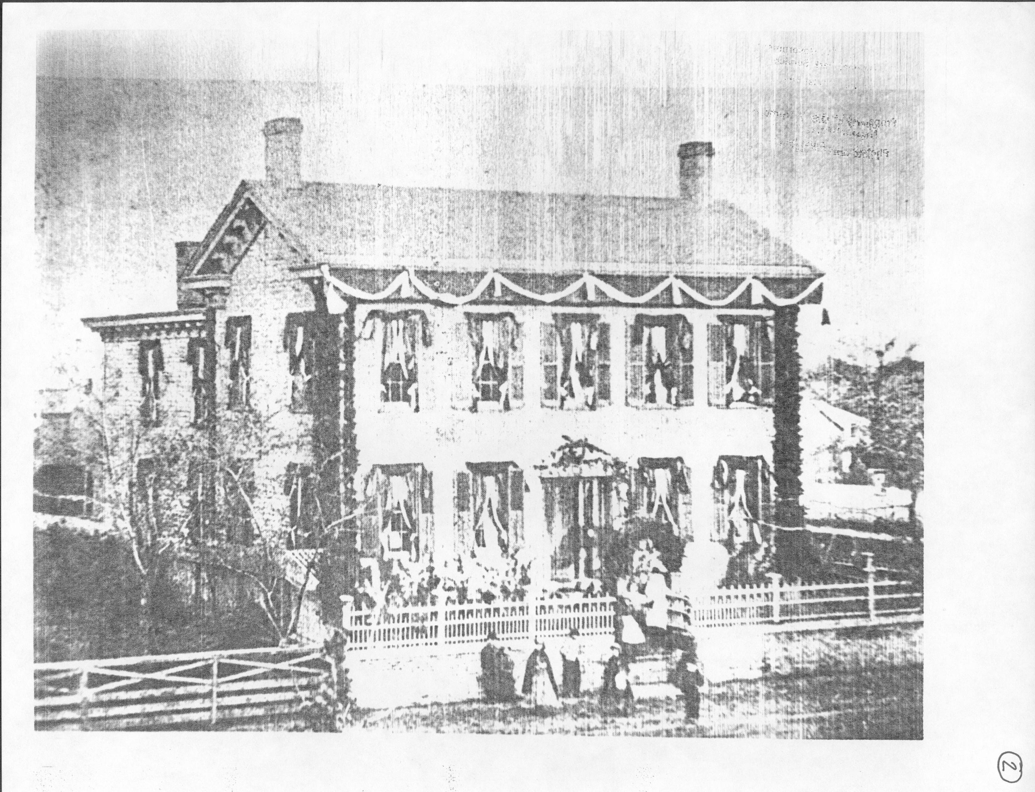 House draped follwing Lincoln's death in 1865. Shows south half of barn, privy, and fence (only photos of pre-1900 Arnold House exist in background of Lincoln Home photos) LIHO NHS- Arnold House, #2 Arnold House, Lincoln Home