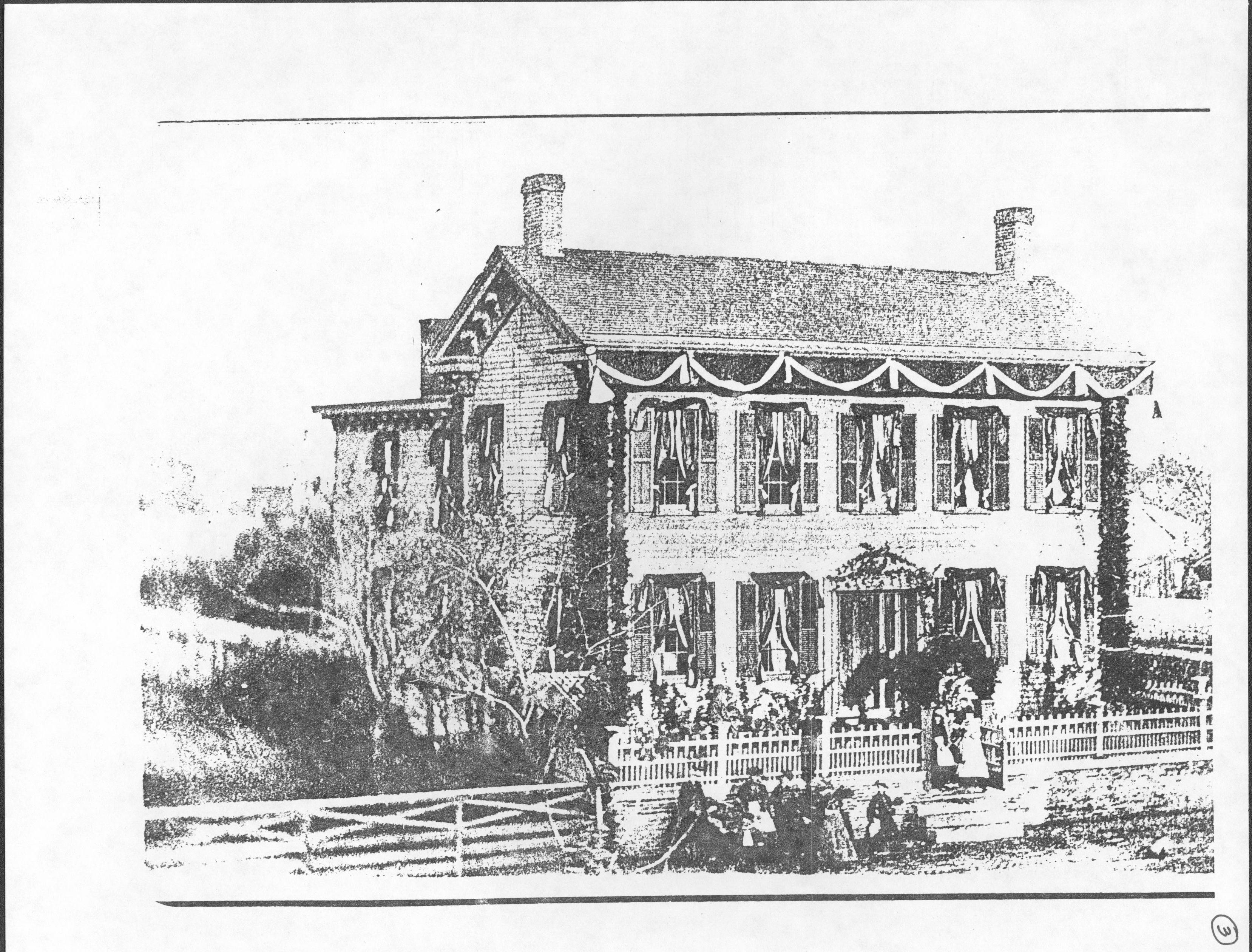 House draped follwing Lincoln's death in 1865. Shows south half of barn, privy, and fence (only photos of pre-1900 Arnold House exist in background of Lincoln Home photos) LIHO NHS- Arnold House, #3 Arnold House, Lincoln Home