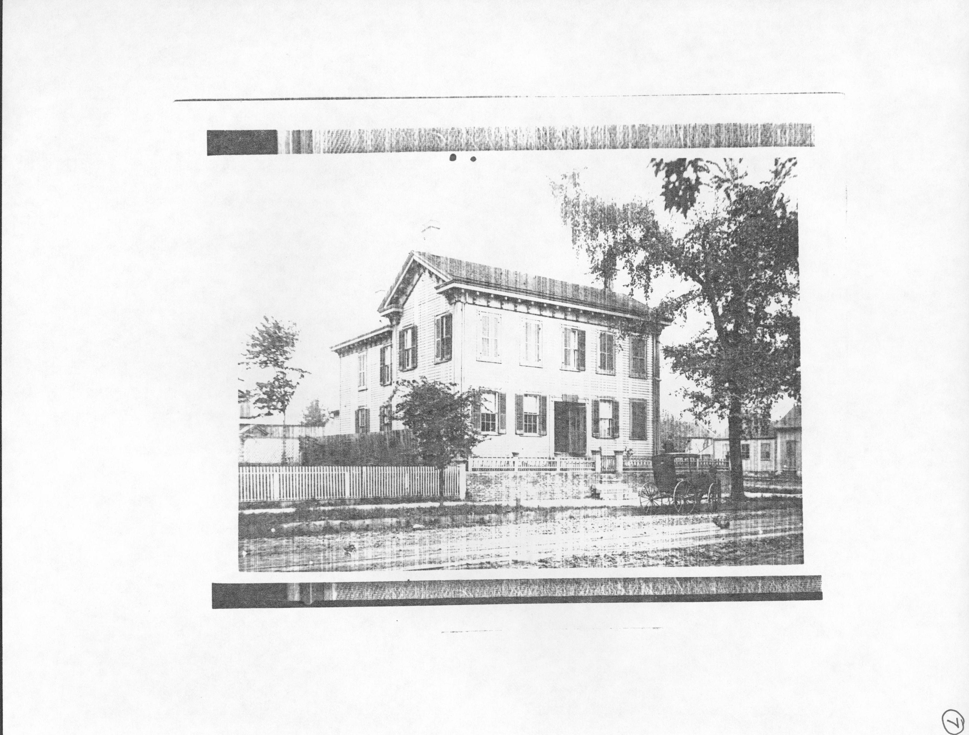 Summer view, includes carriage and figure. shows back portion of cottage, addition, and shed. Note advanced deterioration of shutters on middle window (Only photos of pre-1900 Arnold House exist in background of Lincoln Home photos) LIHO NHS- Arnold House, #7 Arnold House, Lincoln Home