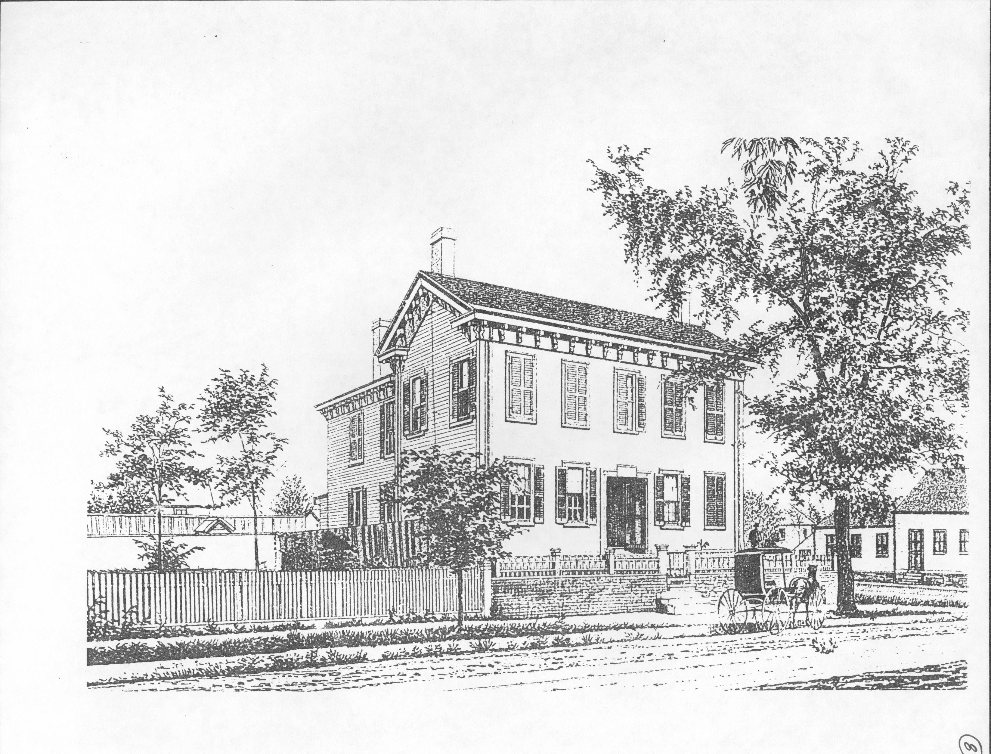 Drawing made from photograph . Shows more of original cottage and was apparently made from an uncropped photo.(Only photos of pre-1900 Arnold House exist in background of Lincoln Home photos) LIHO NHS- Arnold House, #8 Arnold House, Lincoln Home
