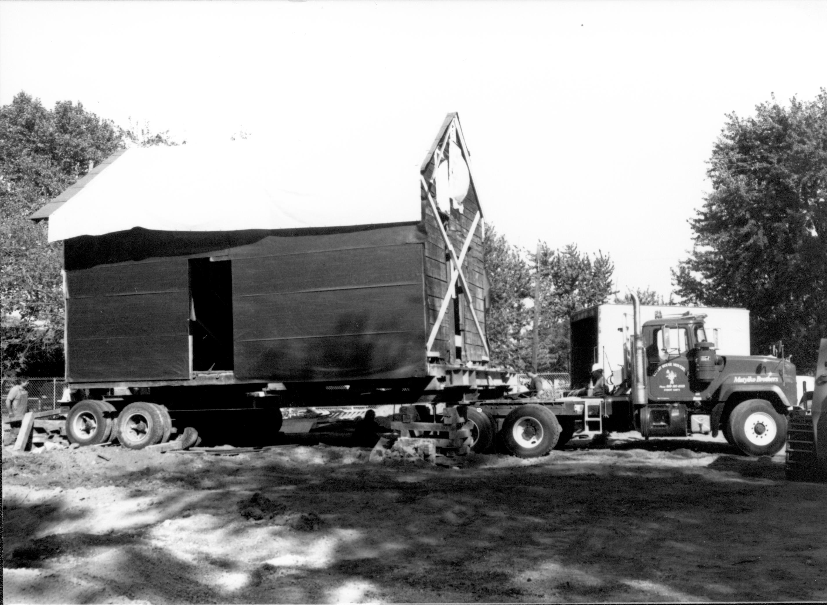 Arnold House move LIHO NHS- Arnold House Relocation, Roll 14 black and white, exp 9 Arnold House, relocation, move