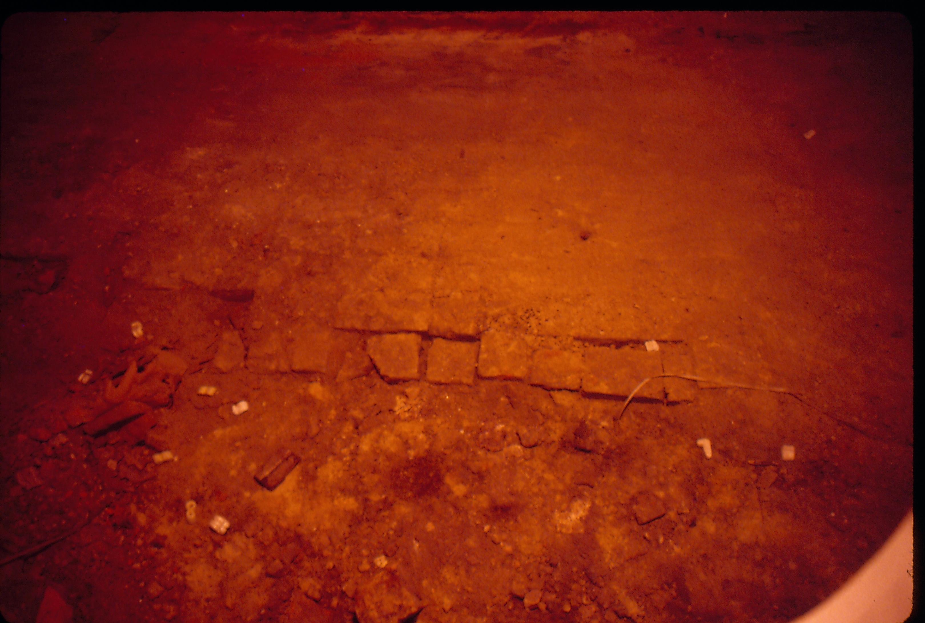 Lyon House - basement, floor brick pattern (partial) with dirt, styrofoam peanuts scattered around floor Looking East from basement Lyon, Basement, brick floor