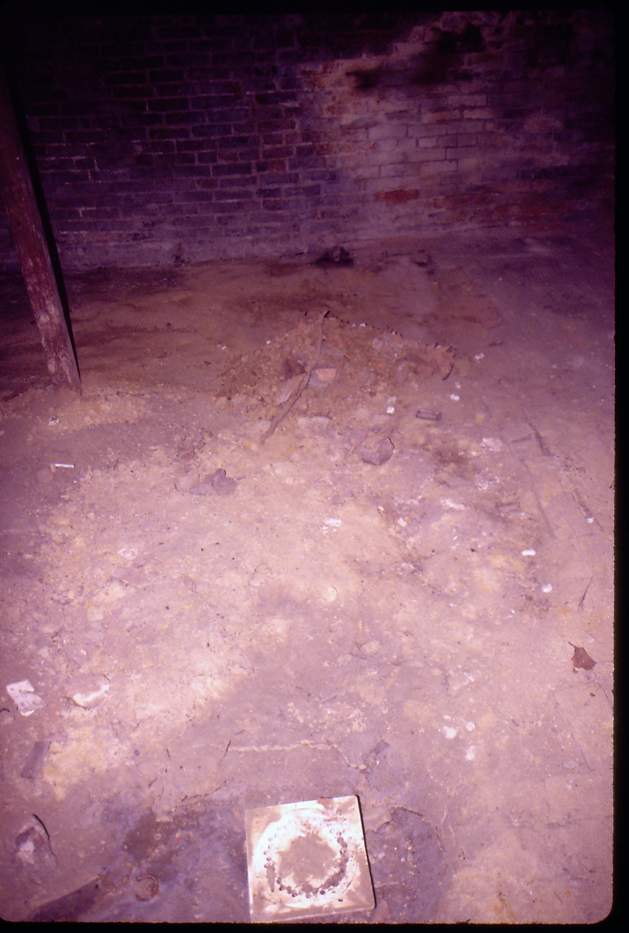 Lyon House - basement, possible cistern location in foreground near drain. Support beam on left, brick wall in background Looking North in basement Lyon, Basement, cistern, brick wall