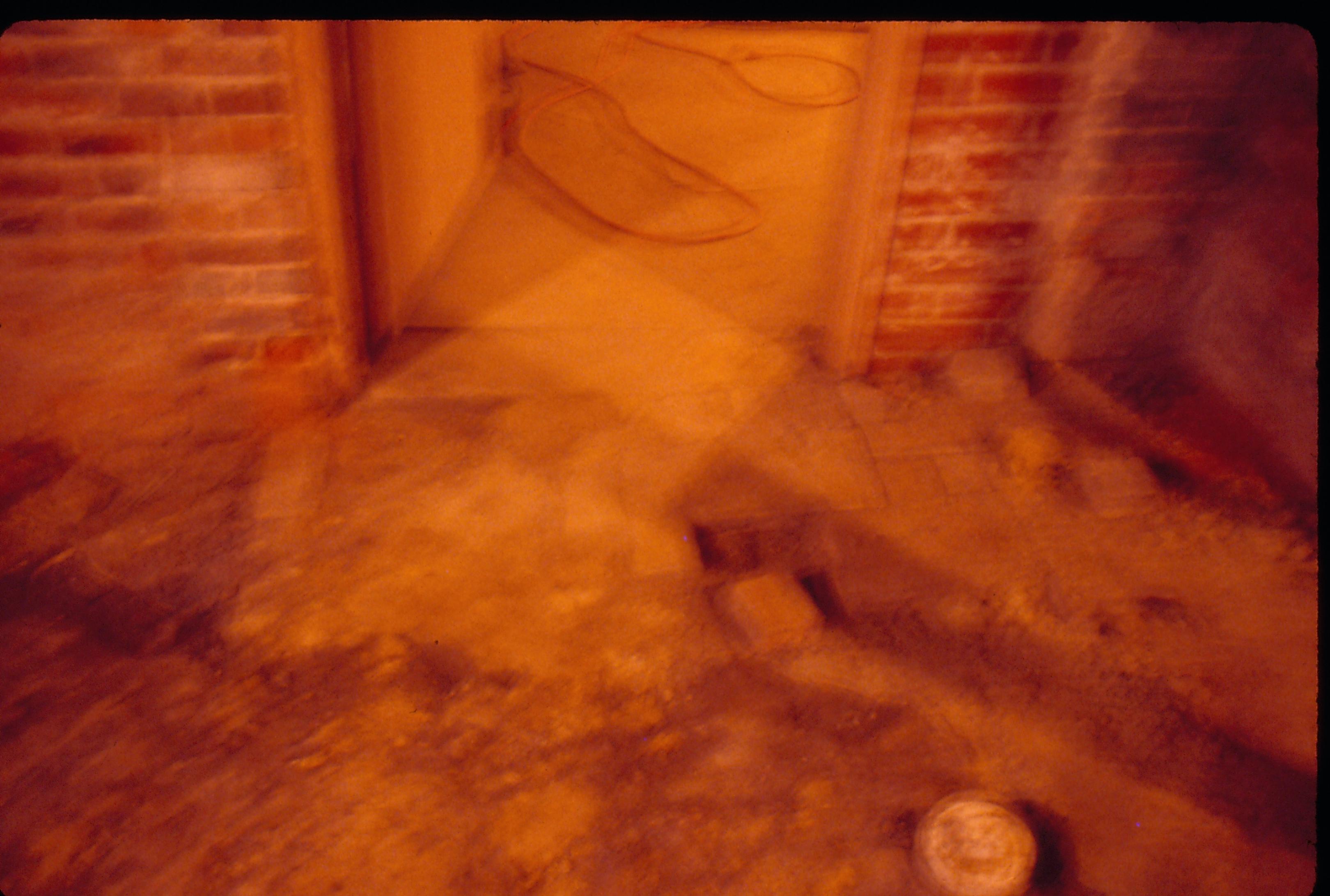 Lyon House - basement, brick floor pattern (photo blurry). Drain in foreground, Access doorway behind brick floor pattern, set in brick wall Looking West in basement Lyon, Basement, brick floor, drain, door