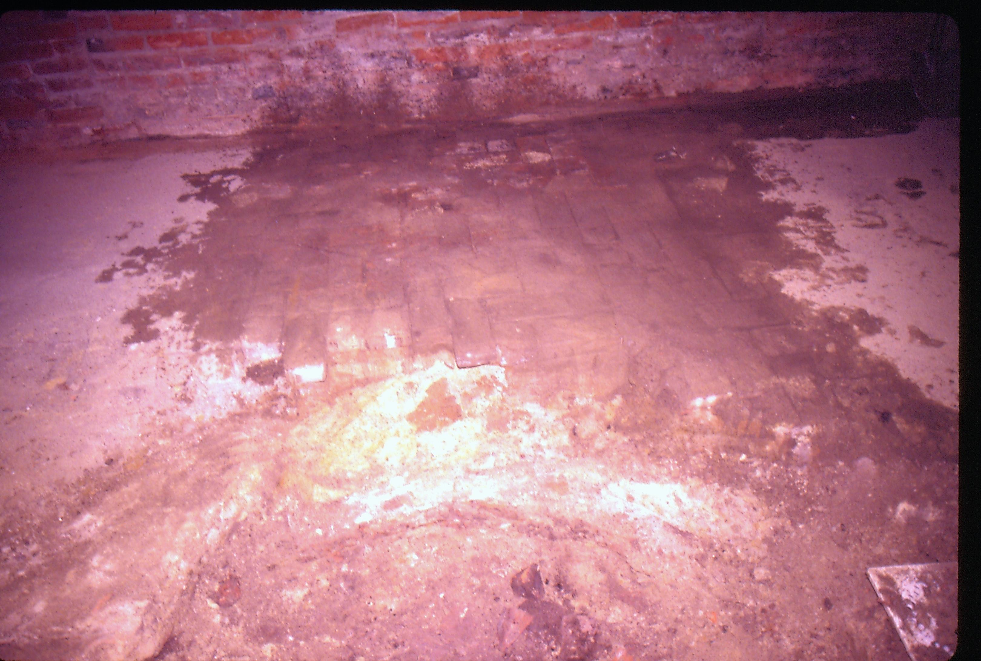 Lyon House - basement, brick pattern floor partially exposed near brick wall. Other flooring appears to be dirt and brick debris. Water stains from cleaning off brick floor. Looking East from basement Lyon, Basement, brick floor, brick wall