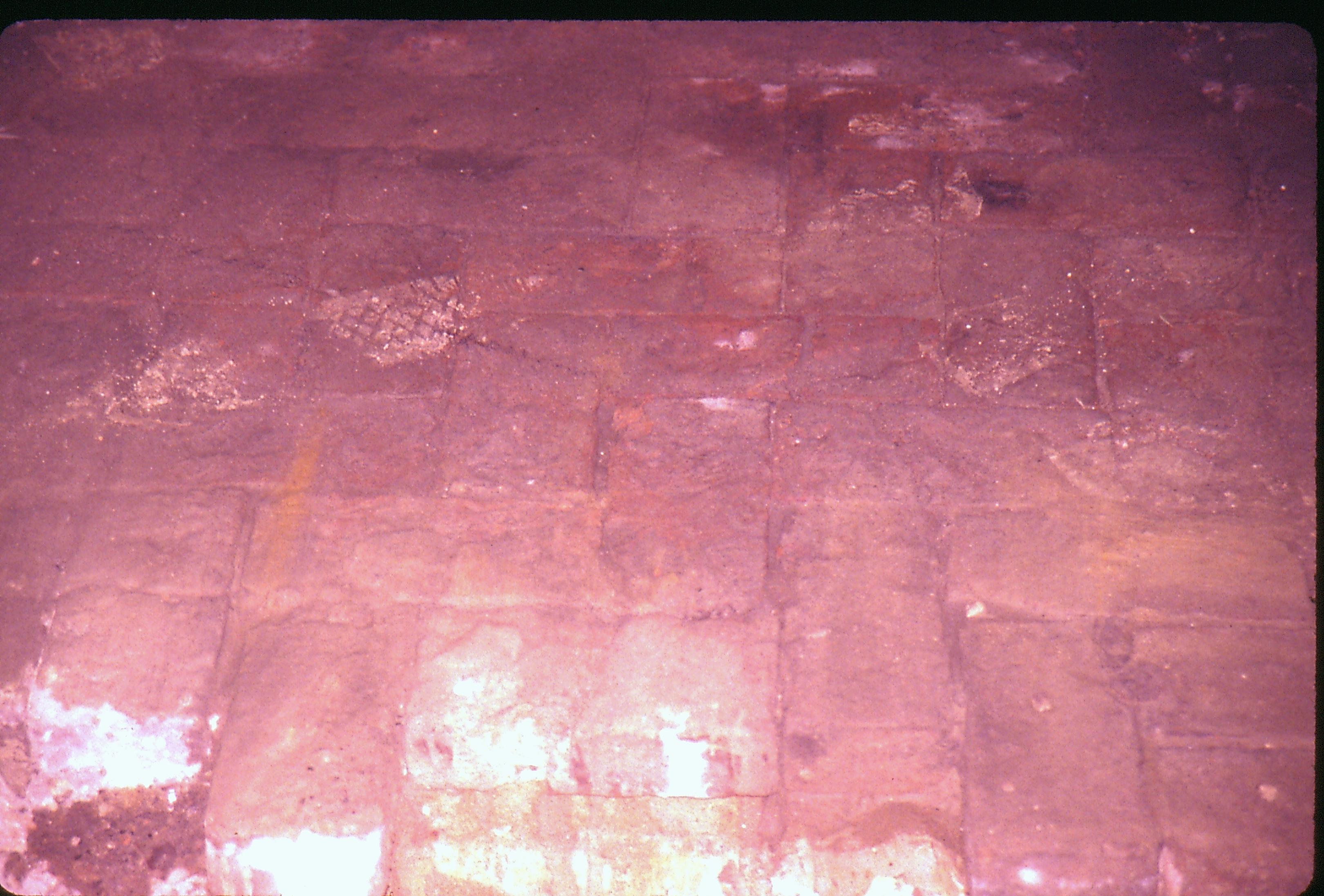 Lyon House - basement, brick pattern floor detail. Pattern appears to be herringbone. Looking East from basement Lyon, Basement, brick floor