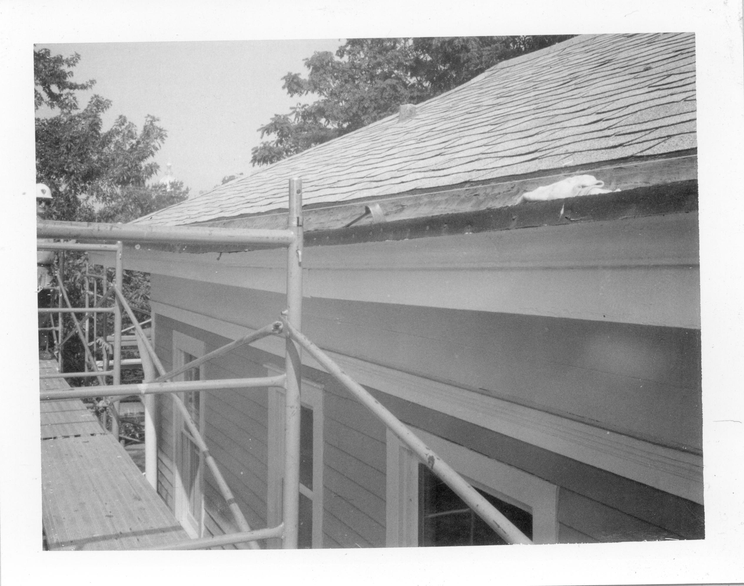 Photo shows dip in south gutter running from east to west. P-4 Miller House, Gutter