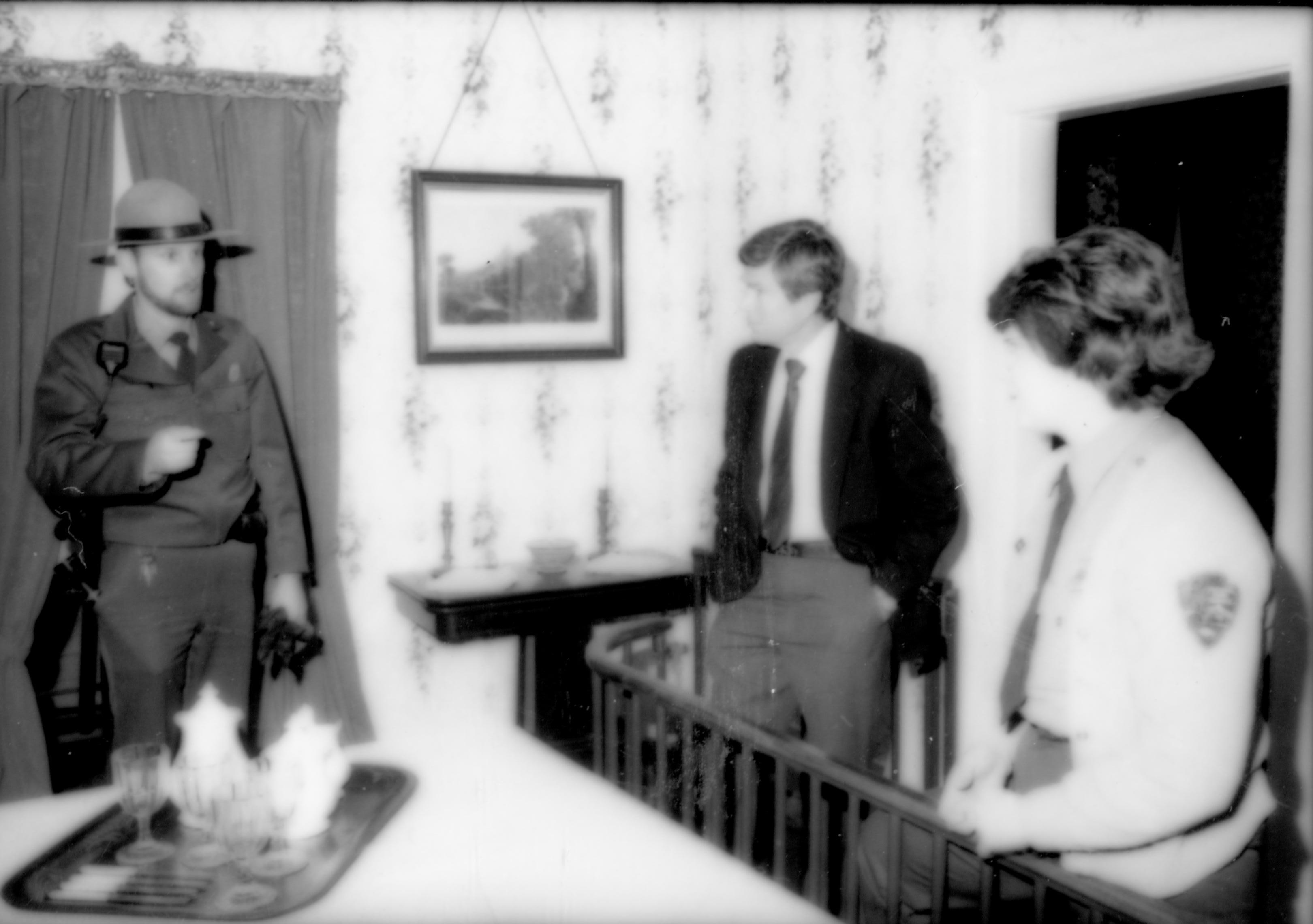 Two Rangers with James McPearson in dining room. Lincoln Home NHS- Today Show McPearson, 76431 Today Show, Lincoln Home, tour