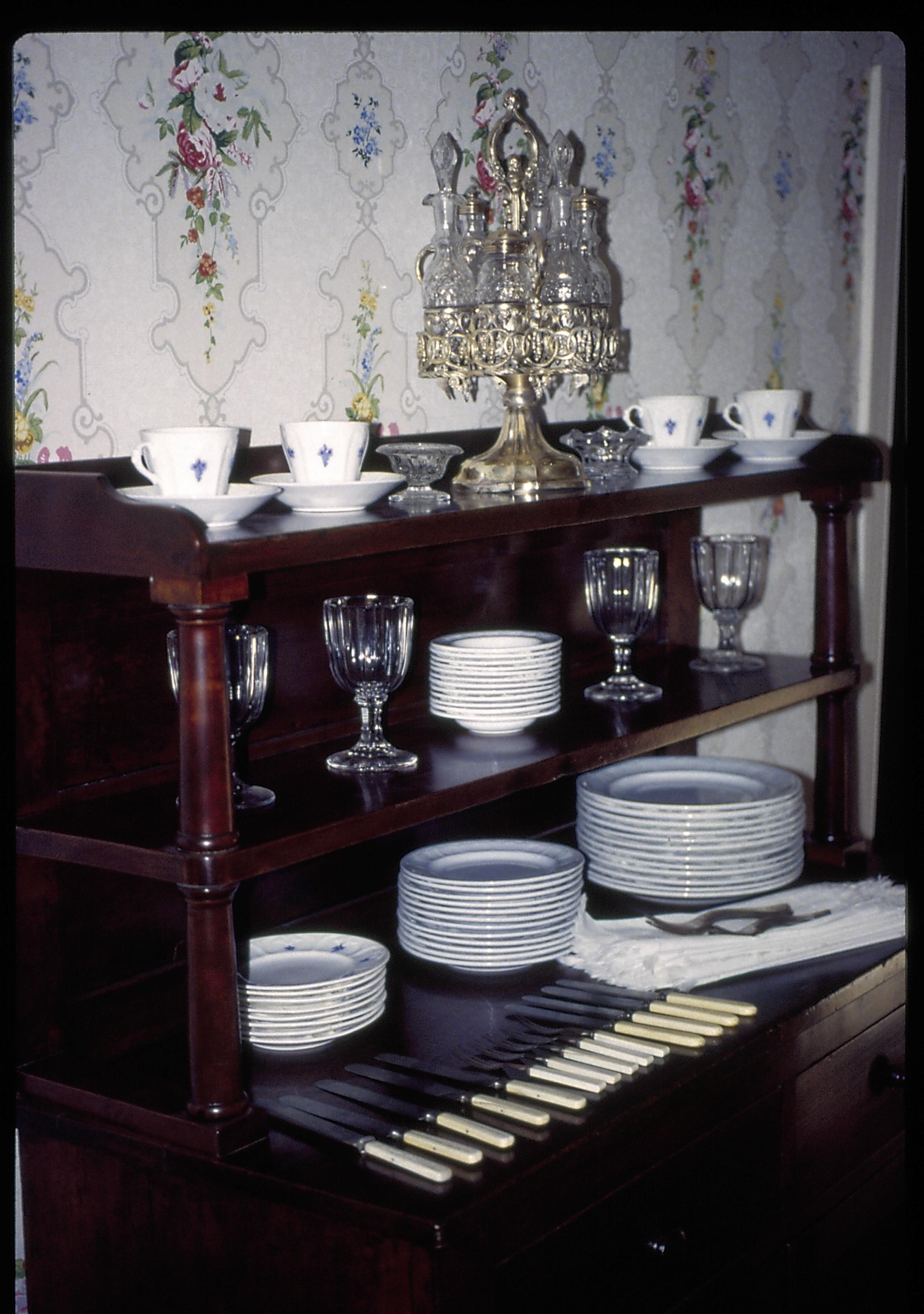 Sideboard with complete serving set for 12 displayed. Lincoln Home NHS- Christmas in Lincoln Home 1997, HS-20 Film Roll #17 Christmas, decorations