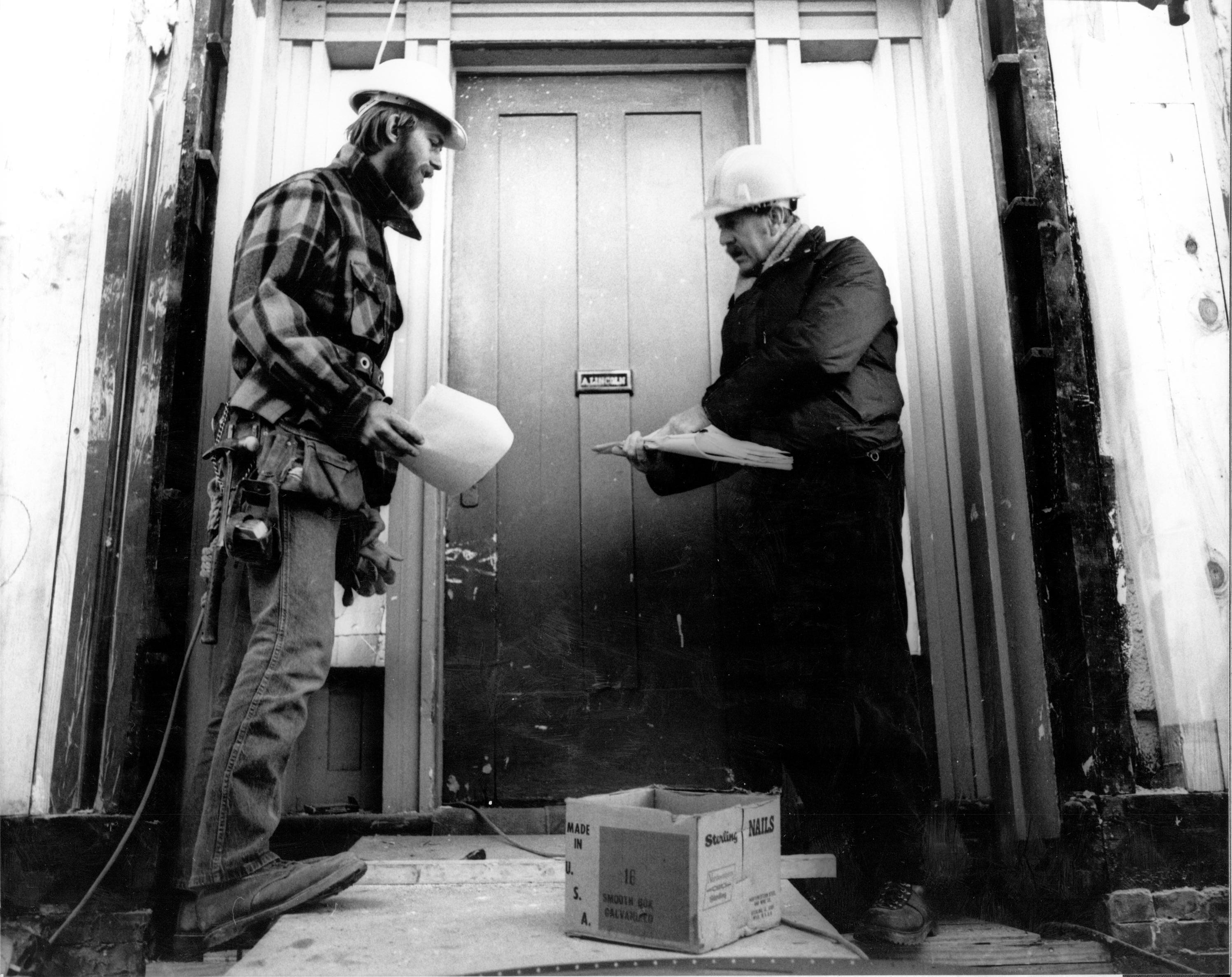 The familiar name plate on the front door of Lincoln's Home has been left in place despite the extensive renovation project which is currently taking place on the home. Architect Vance Kaminski, Project Supervisor for the National Park Service, and Richar Lincoln, Home, restoration, front, door, name, plate