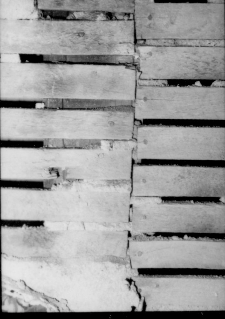 Lathwork and plaster of interior wall. Exposed during 1987-1988 Lincoln Home Restoration. Exact location unknown.
