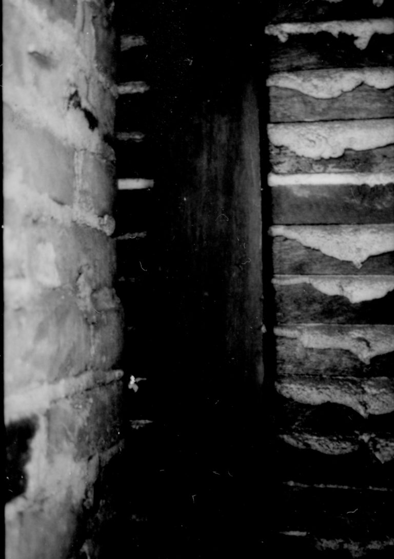 View of a hollow space in an interior wall of the Lincoln Home, showing framing, brick work, plaster keys, and lath work. Bricks may be part of a chimney. Exposed during the 1987-1988 Restoration. Exact location unknown.
