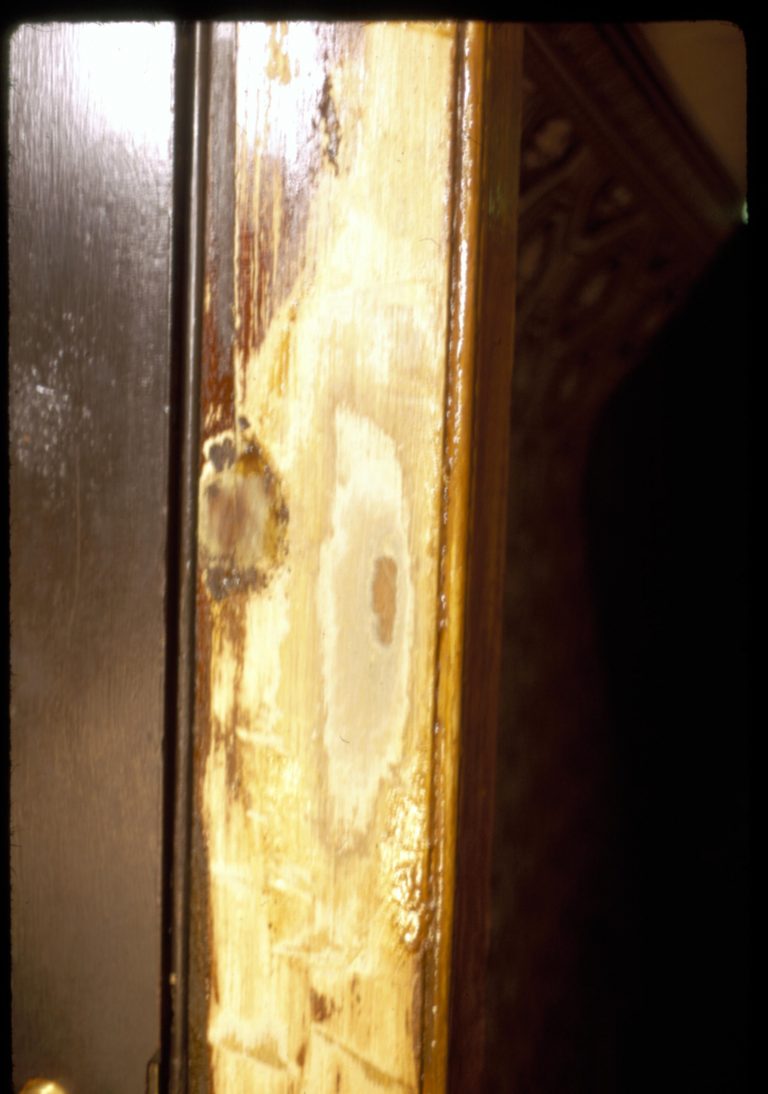 Sanded section of wooden trim in the Lincoln Home, exposed during the 1987-1988 Restoration. Dining Room, leading into the 1st floor Front Hall, with the Dining Room closet door to the left side of the photograph. Photographer facing south west.