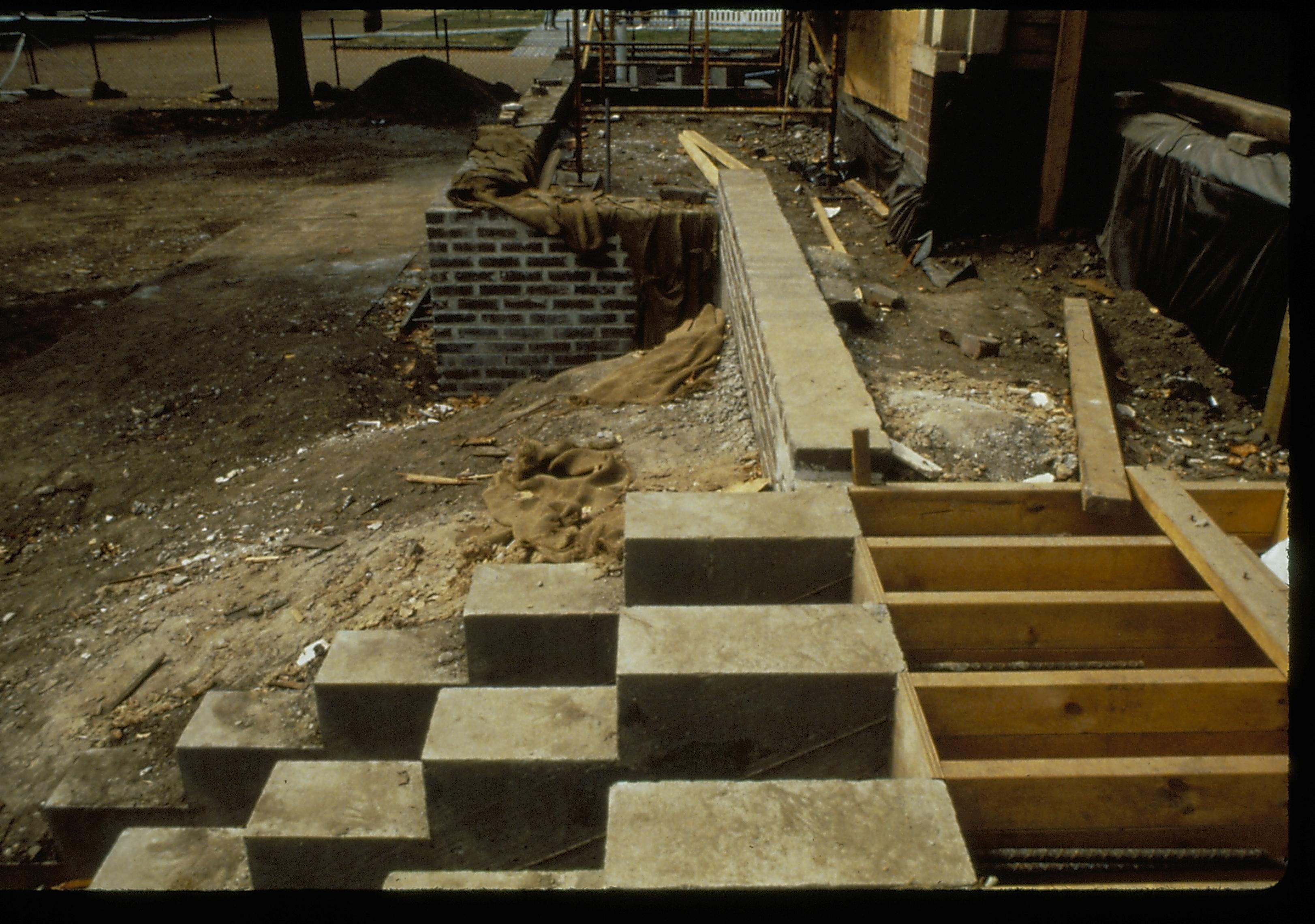 Work on the south facing, porch, and yard of the Lincoln Home, during the 1987-88 restoration. Photographer facing west.
