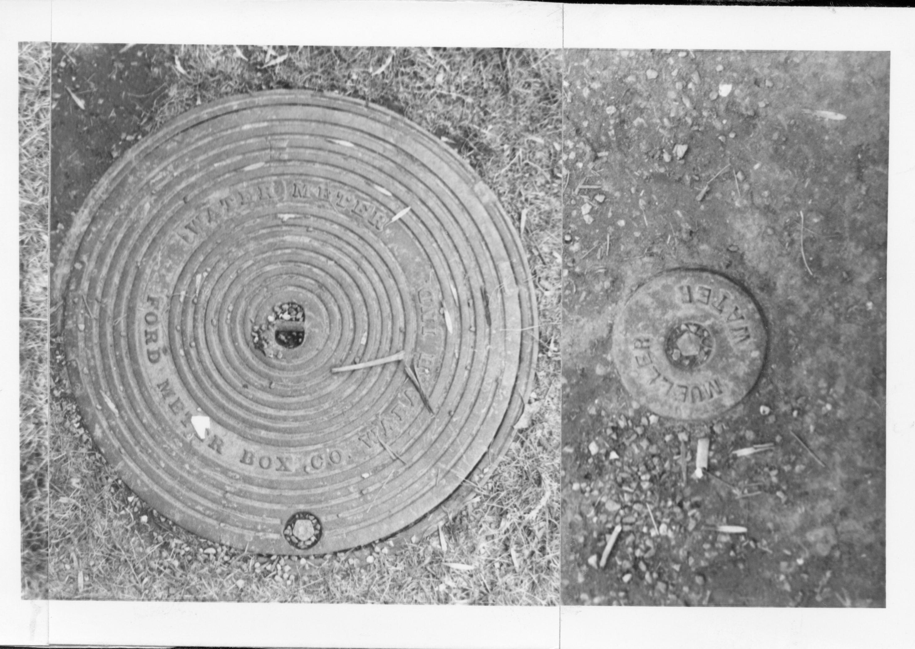 Two water meters for the Lincoln Home. Photo is a composite of 61979 and 61977. These were most likely on the north side of the Lincoln Home and were probably removed during the 1987-1988 restoration. They no longer exist.