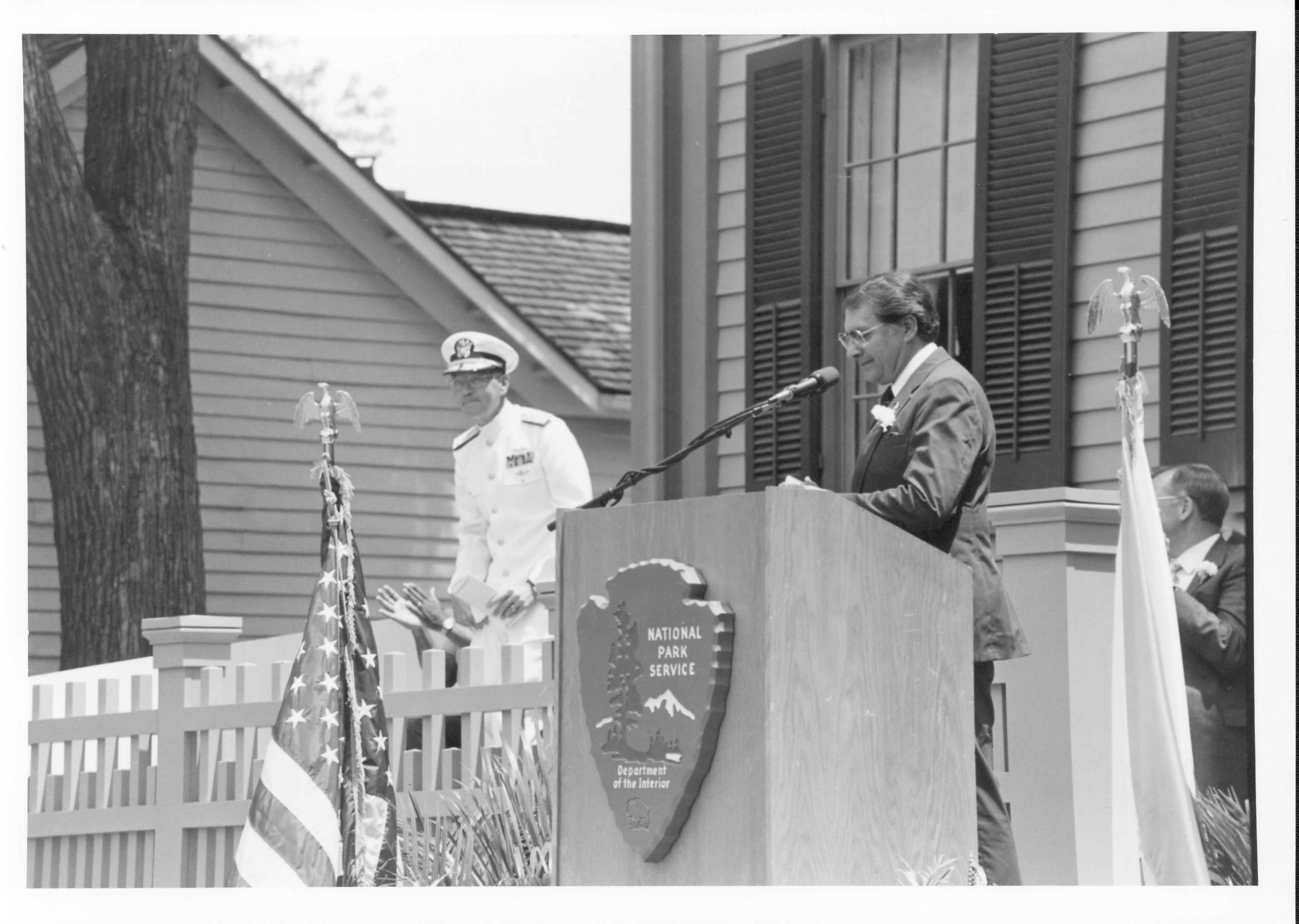 Re-opening Ceremony-LIHO.  Midwest Region Director Don Castleberry introduces Capt. Jack Danton, USS Abraham Lincoln. Lincoln, Home, Restoration, Rededication