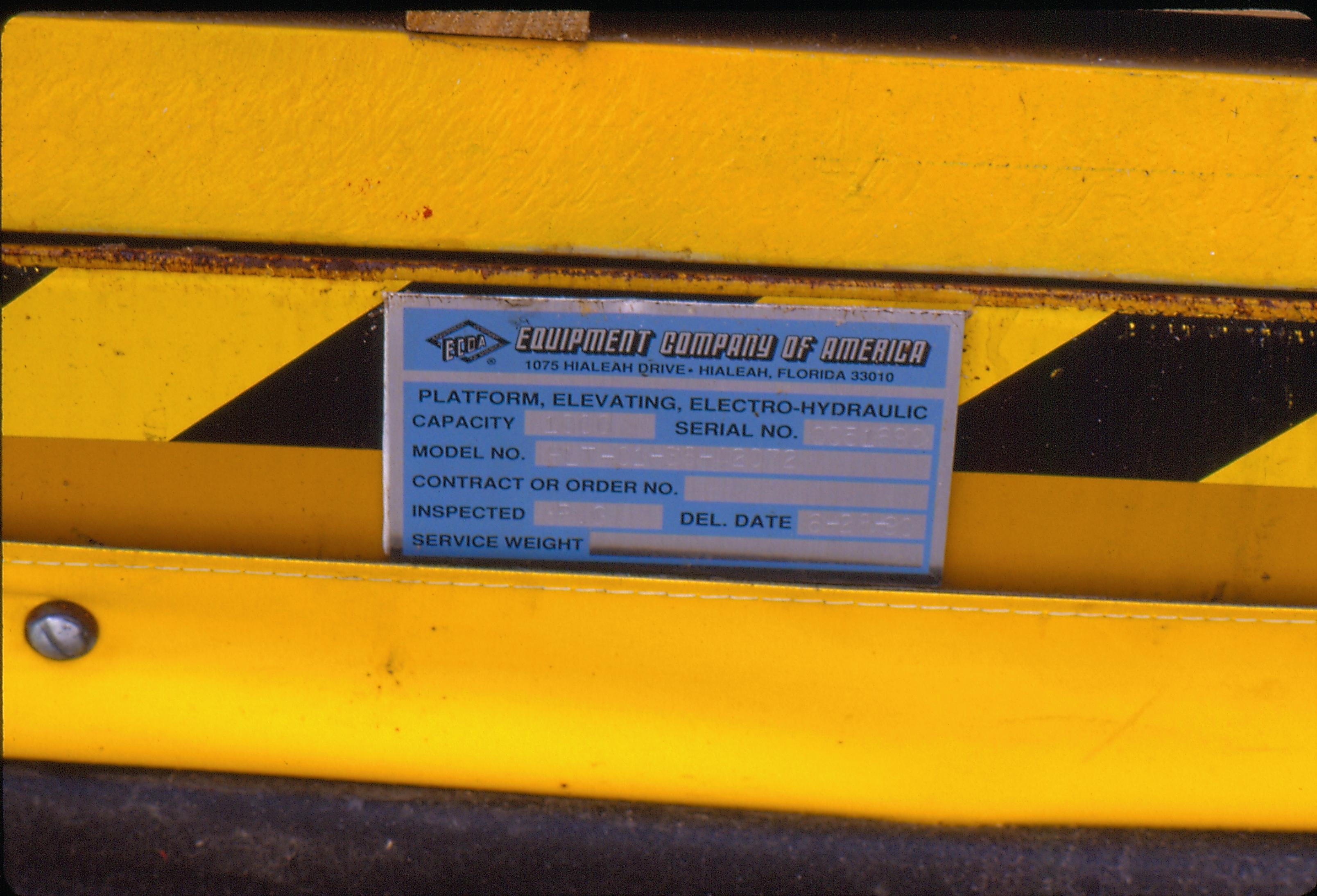 Equipment tag of Lincoln Home wheelchair lift. Close up.